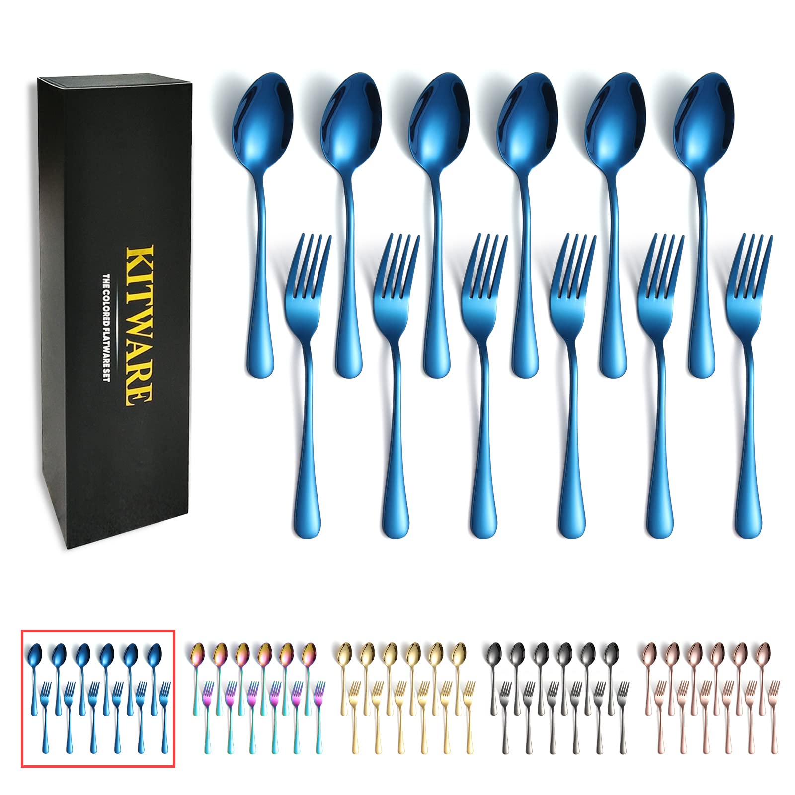 Premium 12-Piece Stainless Steel Flatware Set - Blue Silverware Forks & Spoons for 6 People | Durable Cutlery for Home, Kitchen, Restaurant & Outdoor Use | Perfect for Camping, Hiking, Picnics, BBQ & Daily Dining