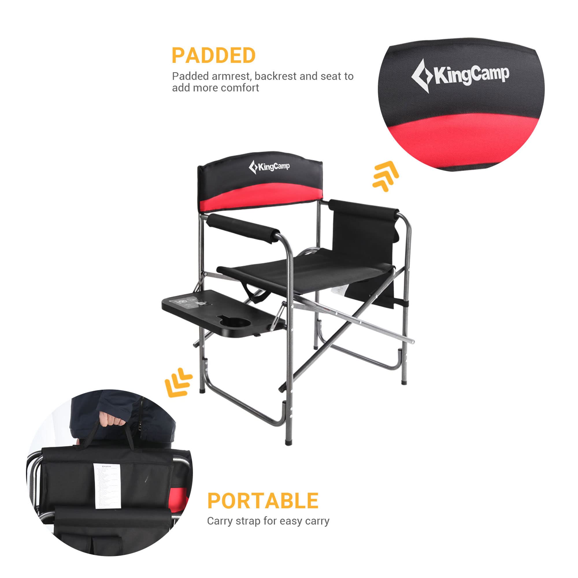 KingCamp 2-Pack Heavy Duty Folding Director Chairs with Side Table & Storage Pouch - Portable Outdoor Camping Chairs for Patio, Beach, Picnic, Backyard & Tailgating (Red)