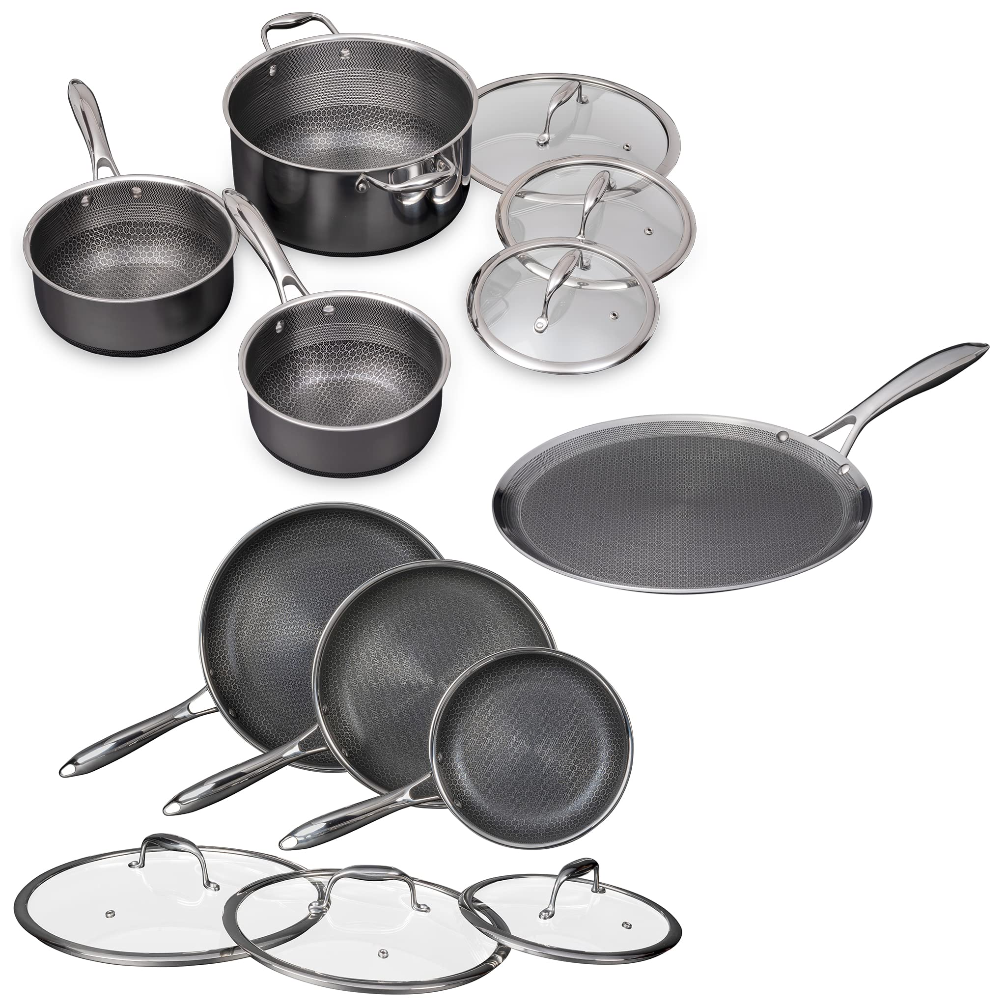 HexClad 13-Piece Non-Stick Cookware Set - 6-Piece Frying Pan & 6-Piece Stainless Steel Pot Set with 12-Inch Griddle Skillet - PFOA-Free, Dishwasher Safe, Induction Ready - Perfect for Home Cooking, Professional Kitchens & Outdoor Camping