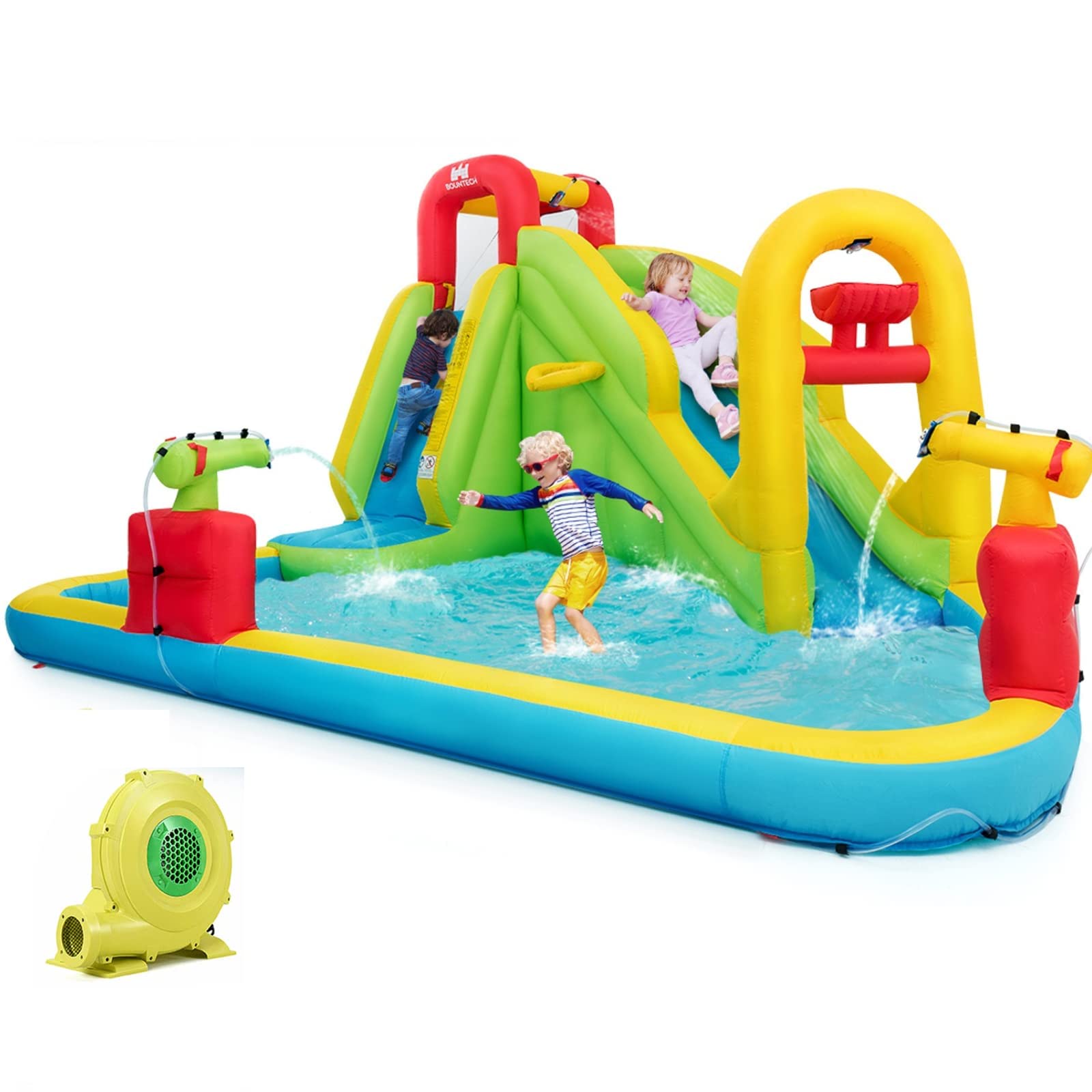 **BOUNTECH Inflatable Water Slide for Kids & Adults - Mega Waterslide Park with 480W Blower, Climbing Wall & Water Basin - Backyard Outdoor Party Fun for Family, Summer, Birthdays & Events**