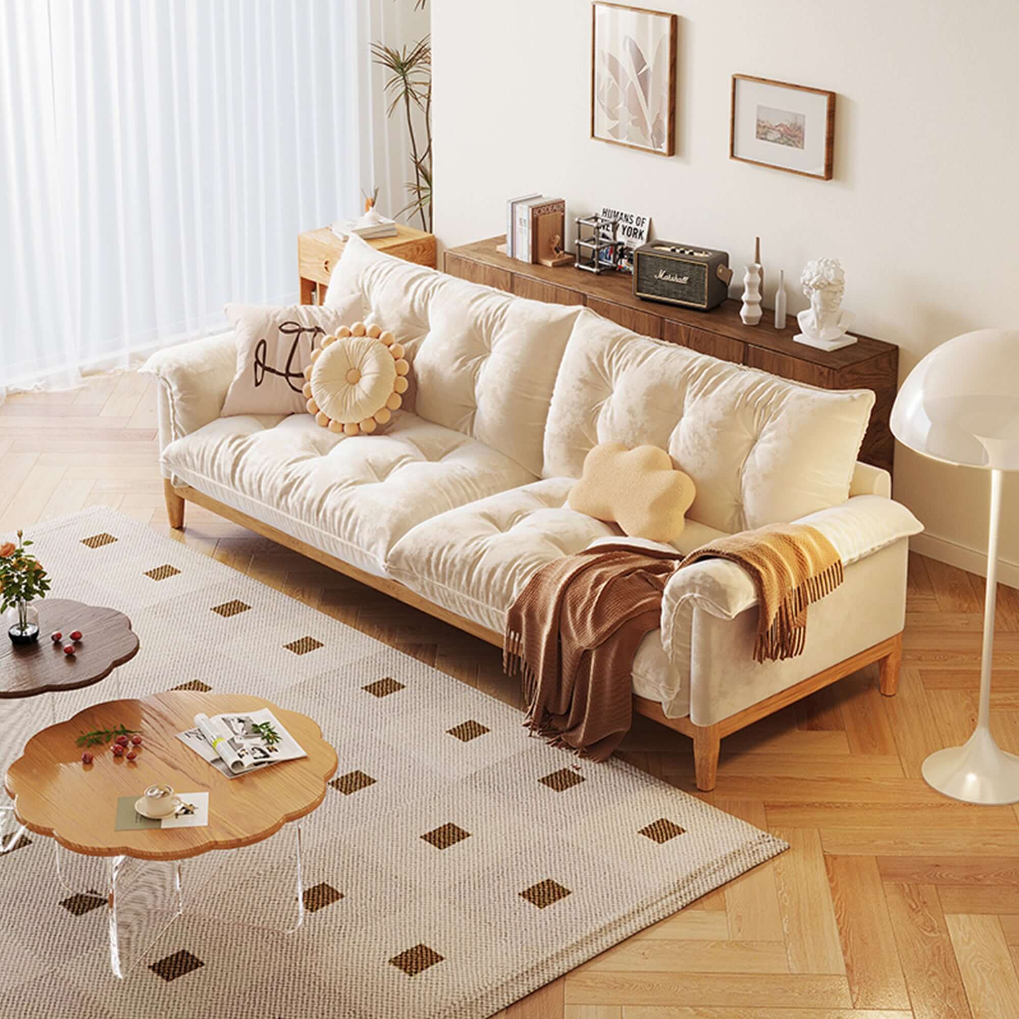 Modern 3-Seater Sofa - Beige Solid Wood Frame with Cotton Linen Upholstery - Perfect for Living Room, Lounge & Home Office Comfort