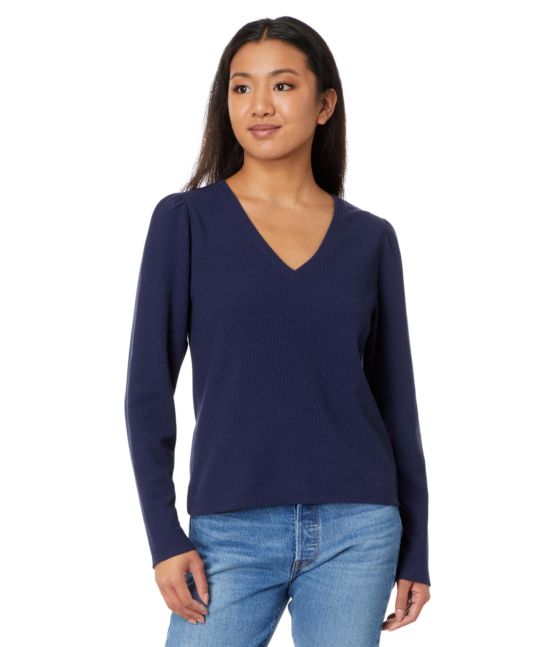 Lilla P Women's Puff Sleeve Waffle Knit V-Neck T-Shirt - Casual Blouse for Spring & Summer, Date Night, Office Wear