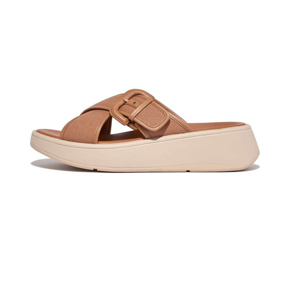 FitFlop F Mode Flatform Cross Slides Canvas Sandals for Women - Comfortable Summer Beach Sandals in Latte Tan | Perfect for Casual Outings, Vacations & Poolside Wear