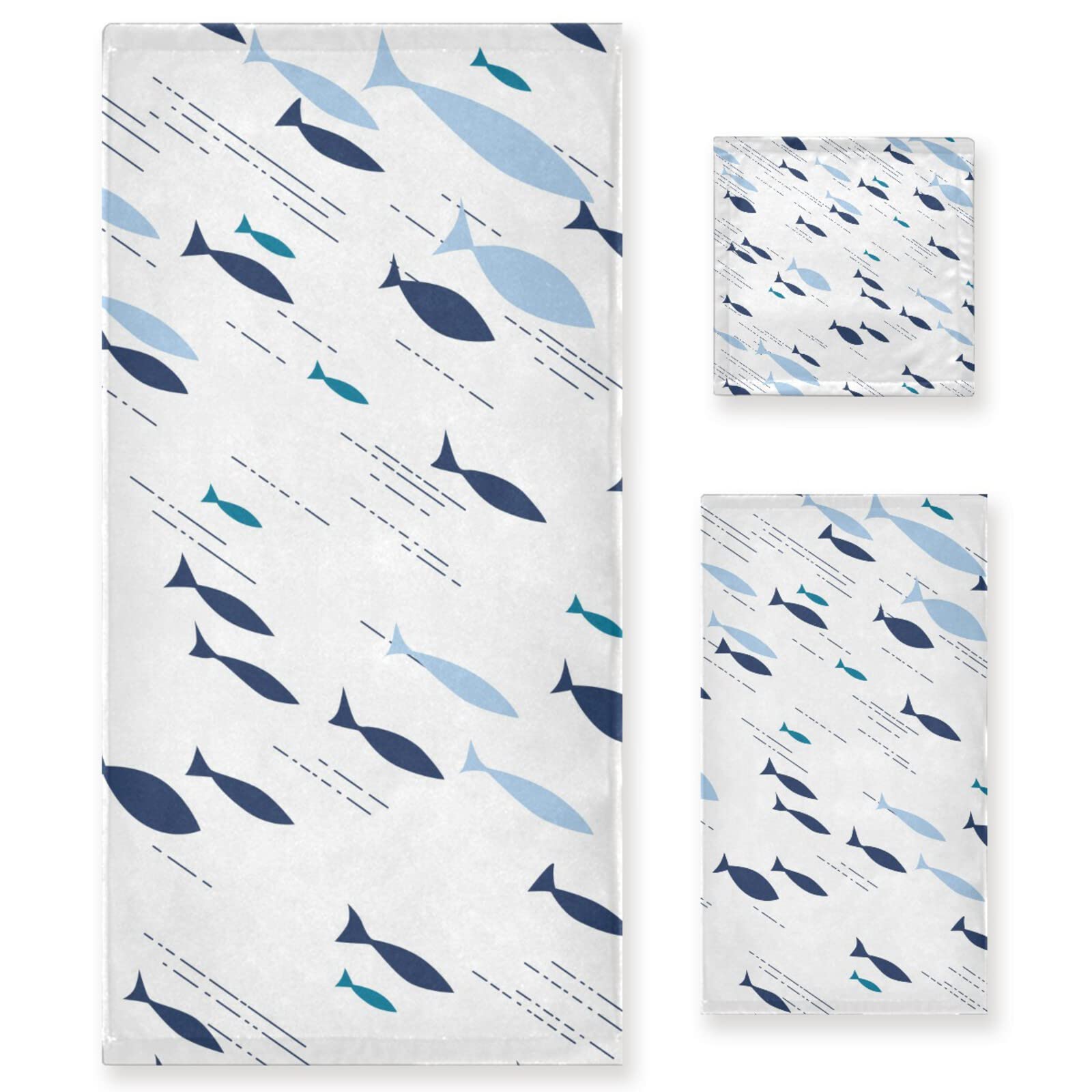 Premium 3-Piece Blue Fish Bath Towel Set - 1 Bath Towel, 1 Hand Towel, 1 Washcloth | Ultra Absorbent & Quick-Drying Soft Cotton Towels for Bathroom, Hotel, Gym, Spa, Beach & Home Use