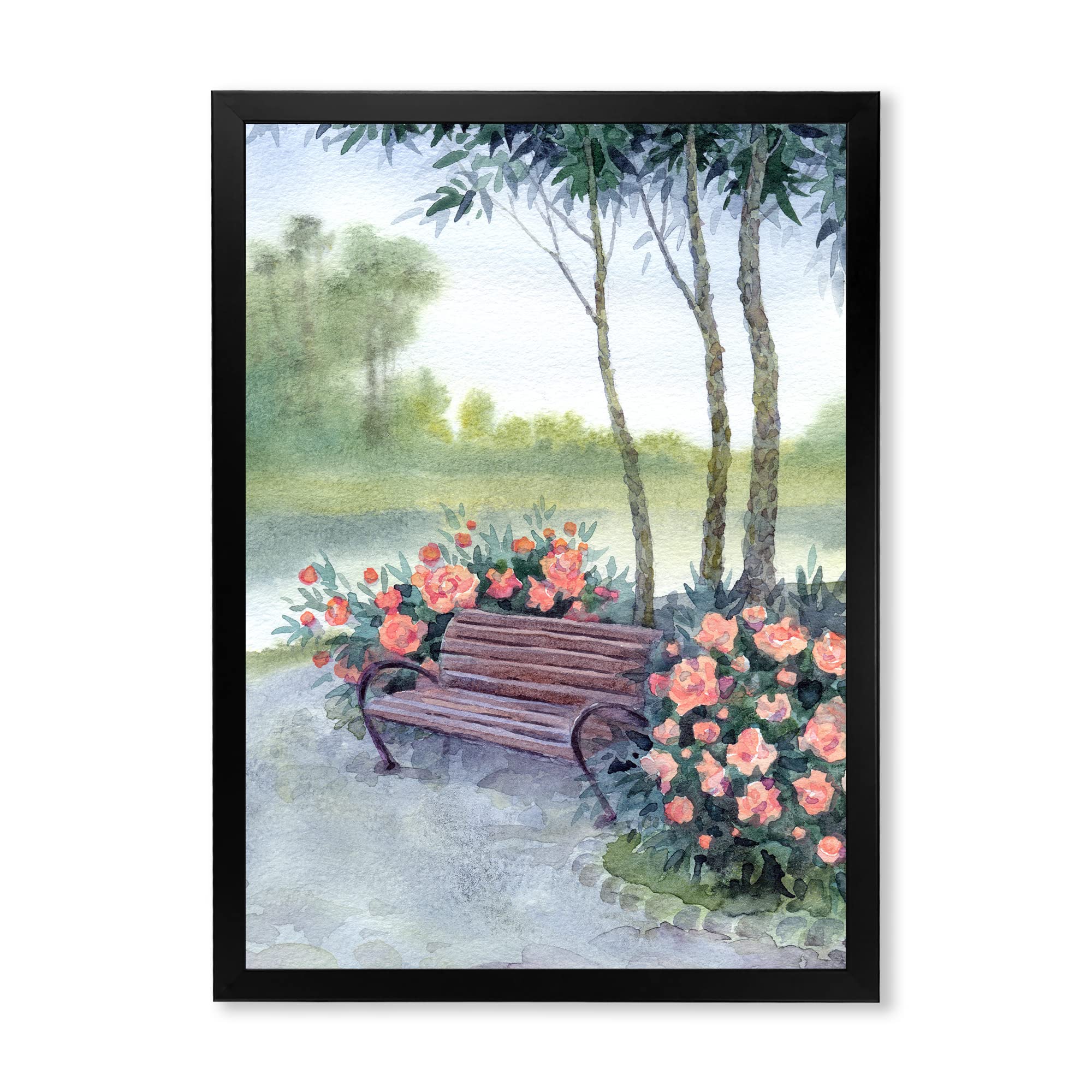 Traditional Framed Wall Art - Park Bench by Peony Bushes Painting for Living Room, Bedroom & Office Decor