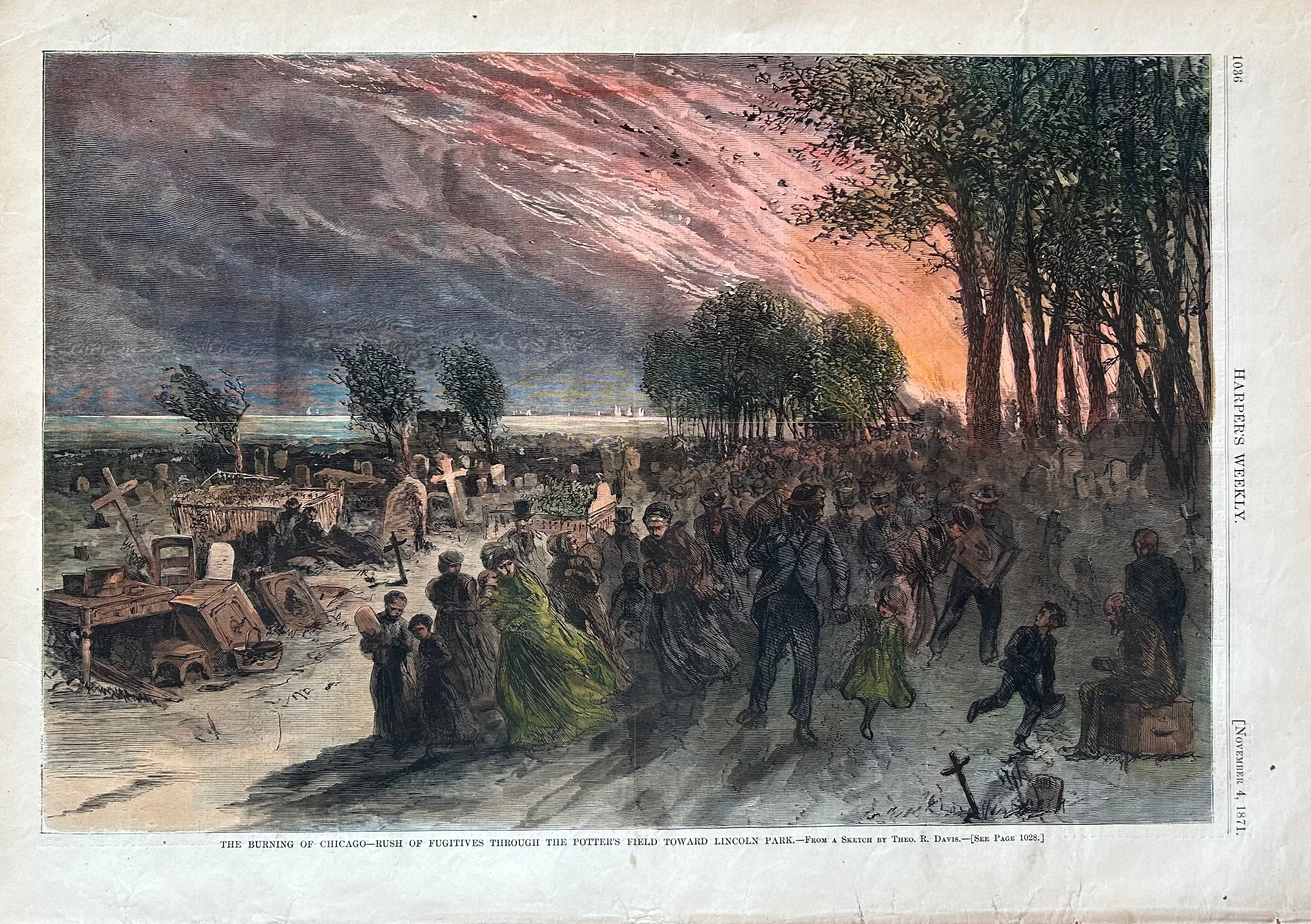 The Burning of Chicago - Rush of Fugitives Through Potter's Field to Lincoln Park (Vintage Colored Print) - Perfect for History Buffs & Home Decor
