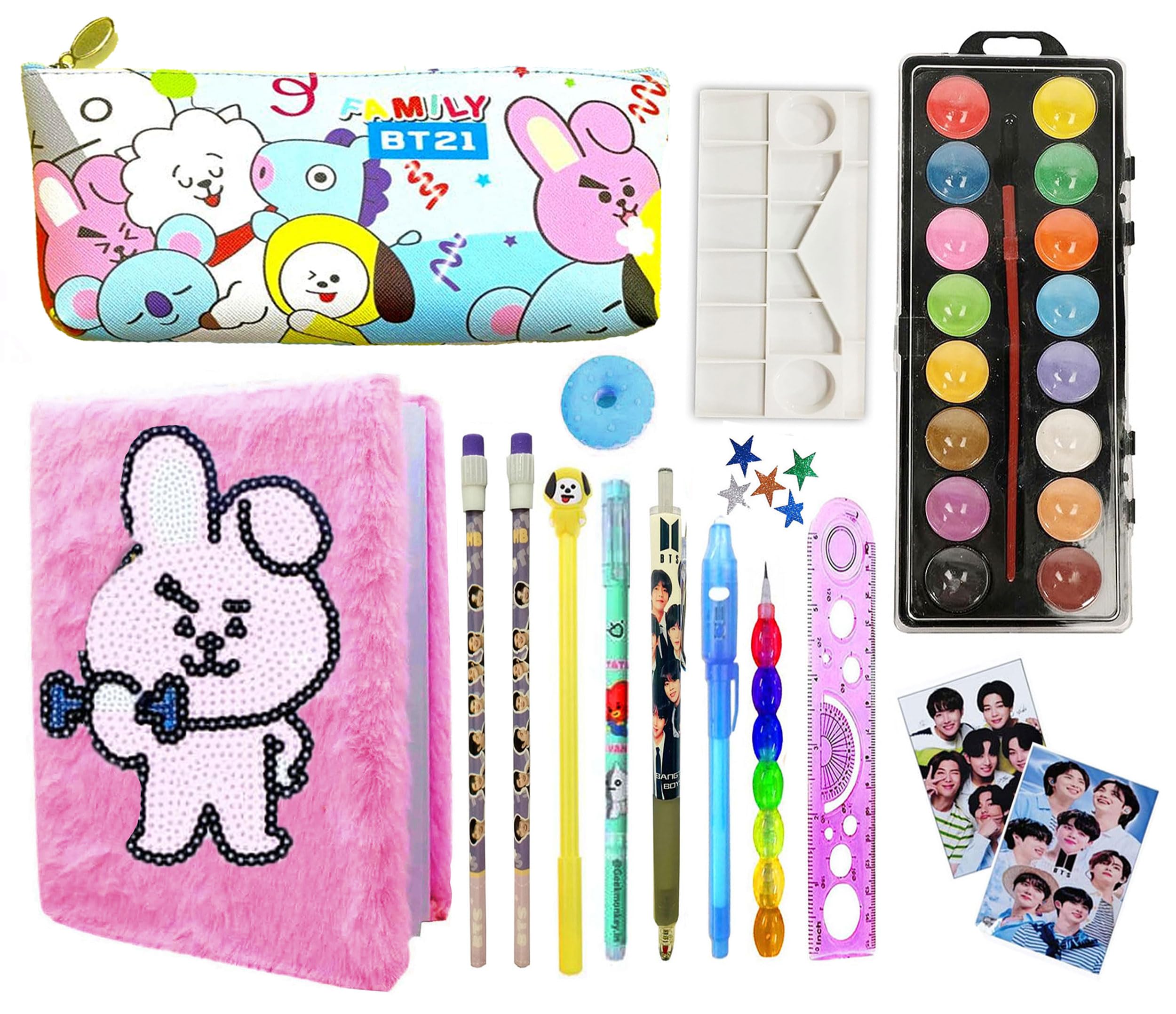 KOBBET® BTS Themed School Stationery Set for Kids - A5 Size Fur Diary with BT21 Pencil Pouch, Pens, Pencils & More | Perfect Birthday Gift, School Supplies & Party Favors for BTS Fans | Study, Journaling & K-Pop Collectibles