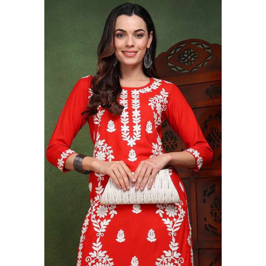 Stylish Red Rayon Blend Chikankari Embroidered Straight Kurta for Women | Comfortable & Elegant Indian Ethnic Wear | Perfect for Festivals, Weddings & Casual Outings