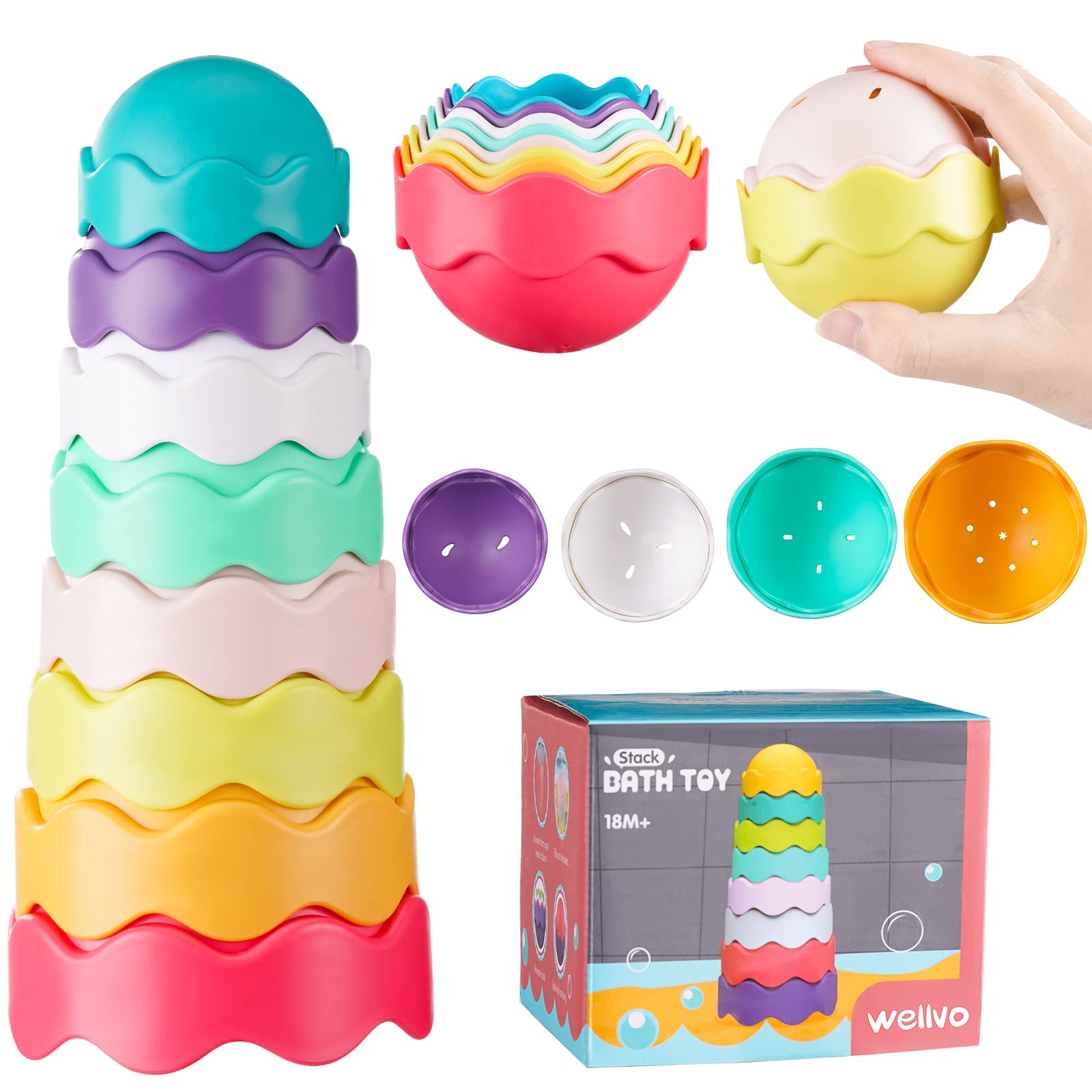 Wellvo Stacking Cups for Toddlers - 6 Piece Bath Toys Set, Early Educational Stacking & Sorting Nesting Blocks for Babies - Perfect for Bathtub Play, Learning Colors & Shapes, Sensory Development