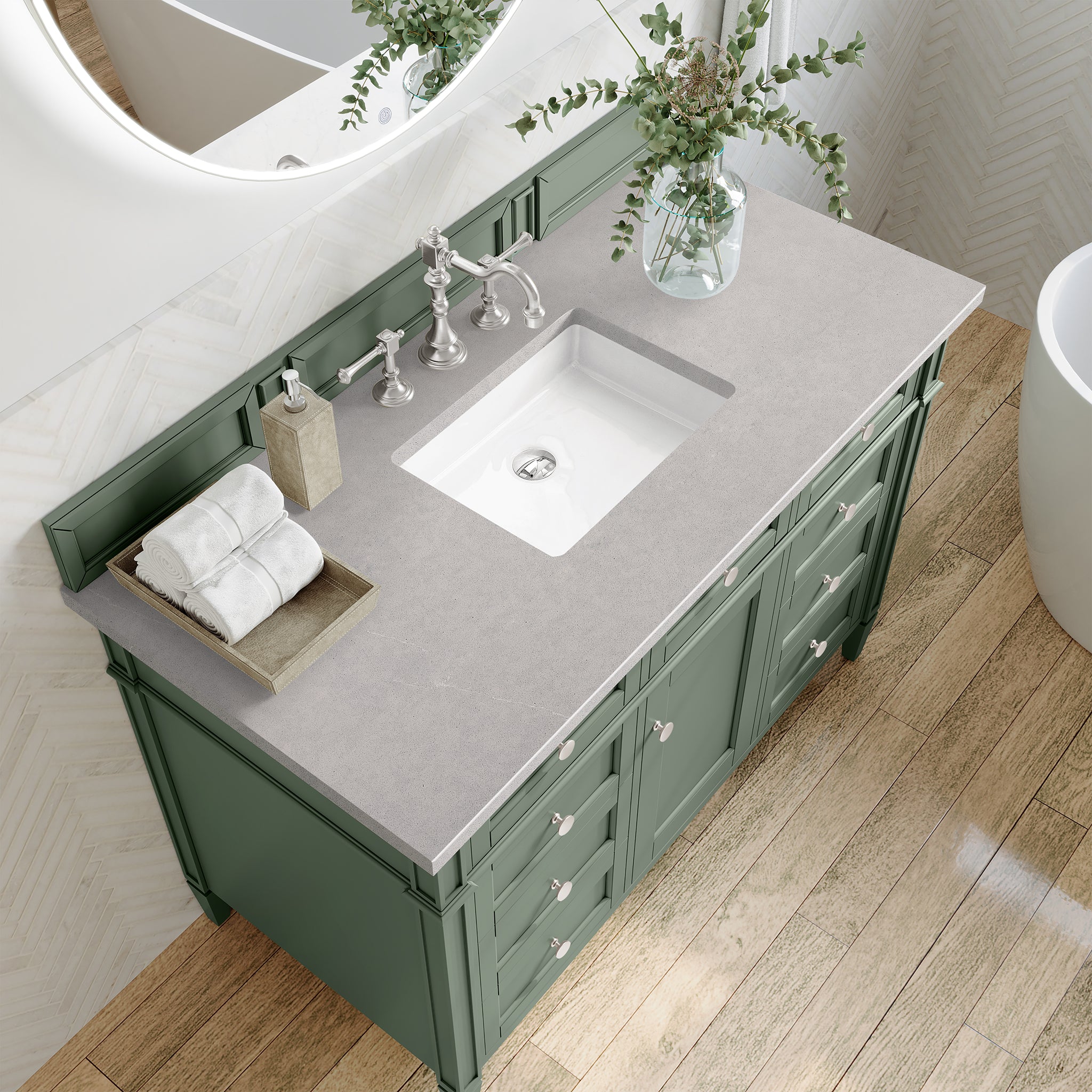Brittany 48 Inch Single Bathroom Vanity with Smokey Celadon Finish & 3CM Eternal Serena Quartz Top - Perfect for Modern Master Bathrooms and Powder Rooms