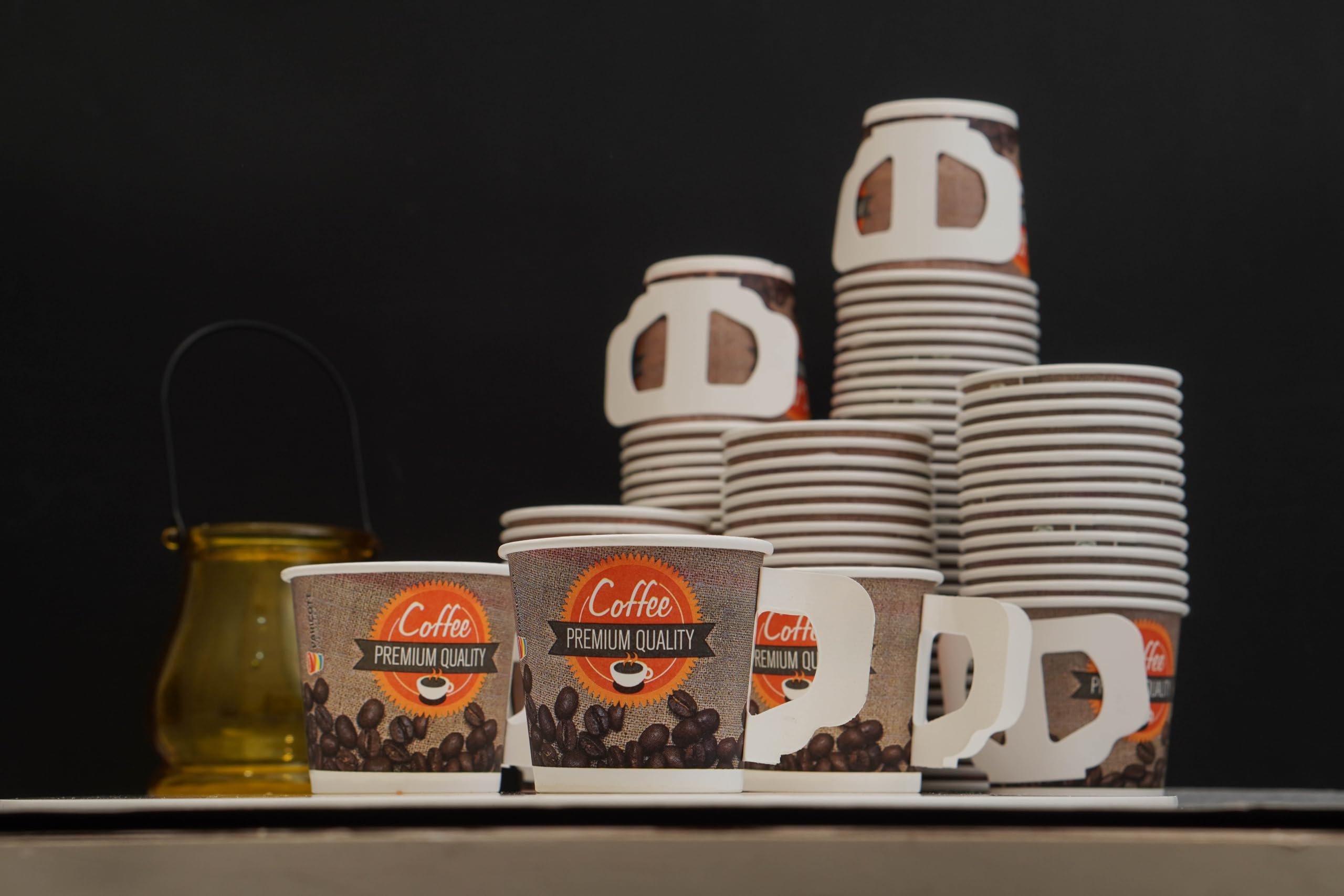 PARICOTT - 100 Pack Disposable Coffee Cups 150ml, Printed Paper Tea/Coffee Mugs, Eco-Friendly Recyclable Single-Use Drinkware for Office, Parties, Picnics & Catering Events - Multicolor Handle Cups