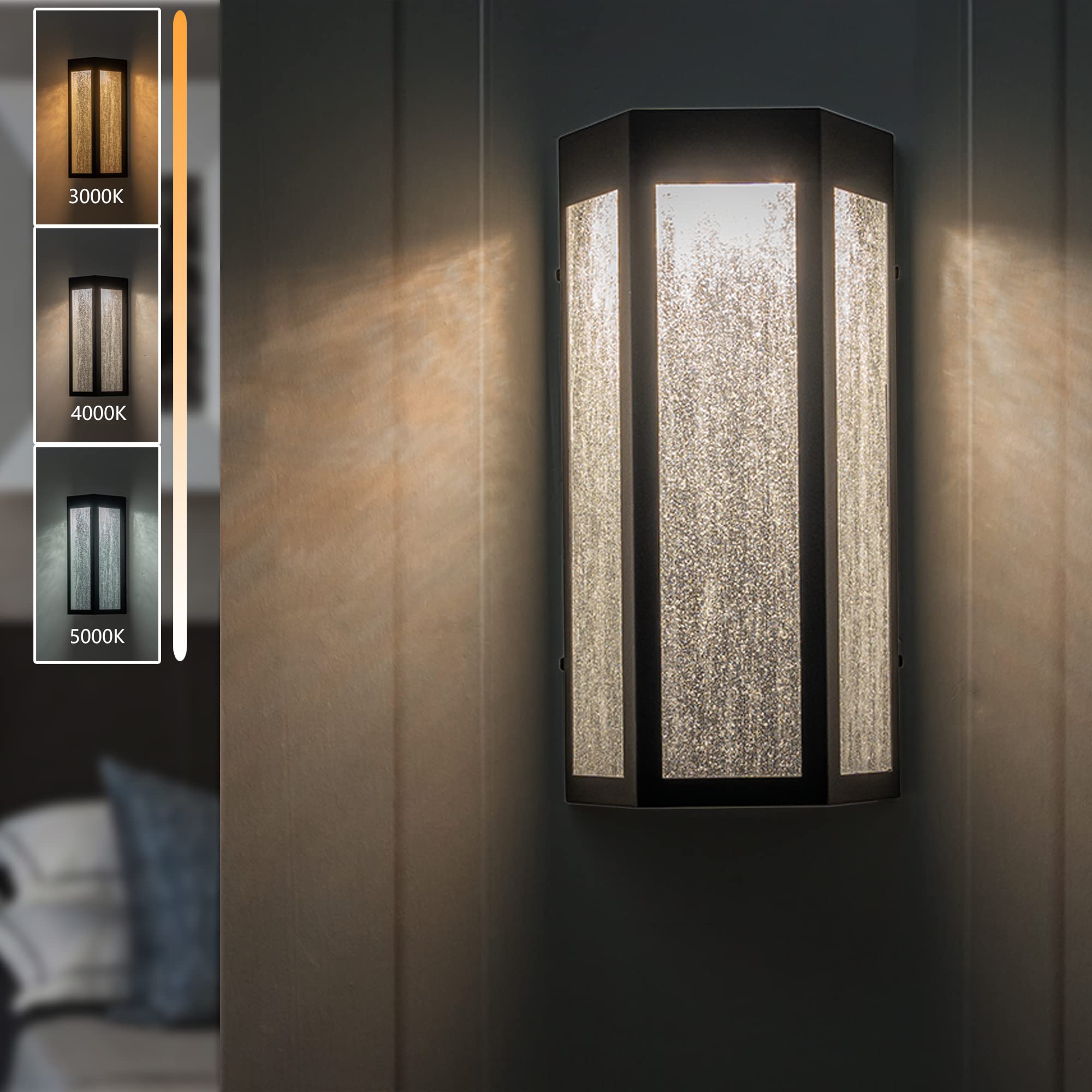 Modern Outdoor LED Wall Sconce Light Fixture - 10W Waterproof Exterior Porch Light with Seeded Glass, 3000K/4000K/5000K Color Temperature Options, Black Wall Mount for Patio, Garage, Garden & Front Door Lighting