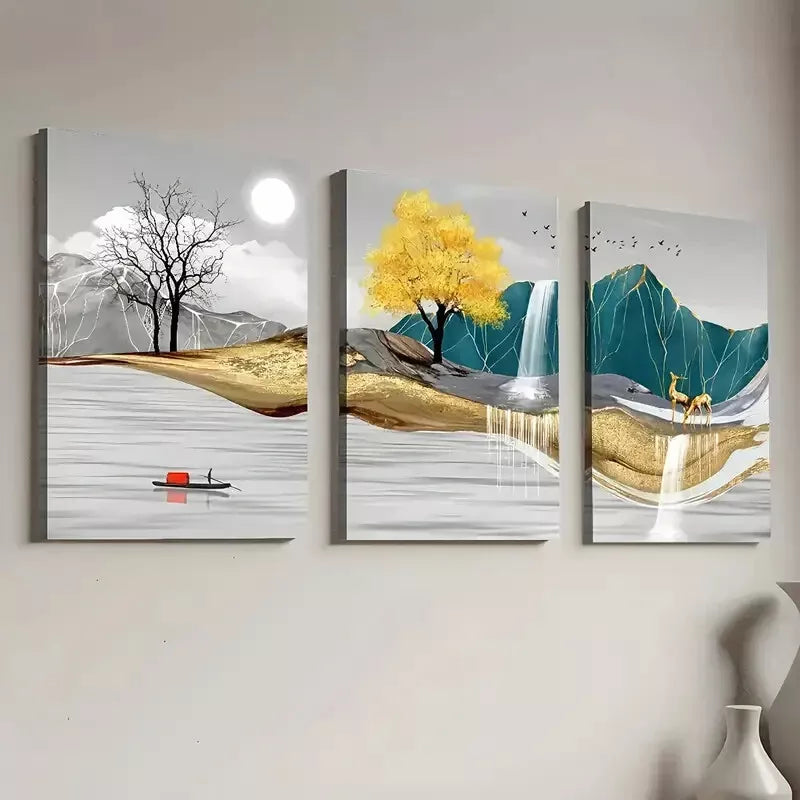 3-Piece Modern Abstract Golden Nature Landscape Art Set - Framed Canvas Wall Decor 50x70cm (20x28in) - High Quality Print, 100% Australian Made, Ready to Hang - Perfect for Living Room, Bedroom & Office Decor