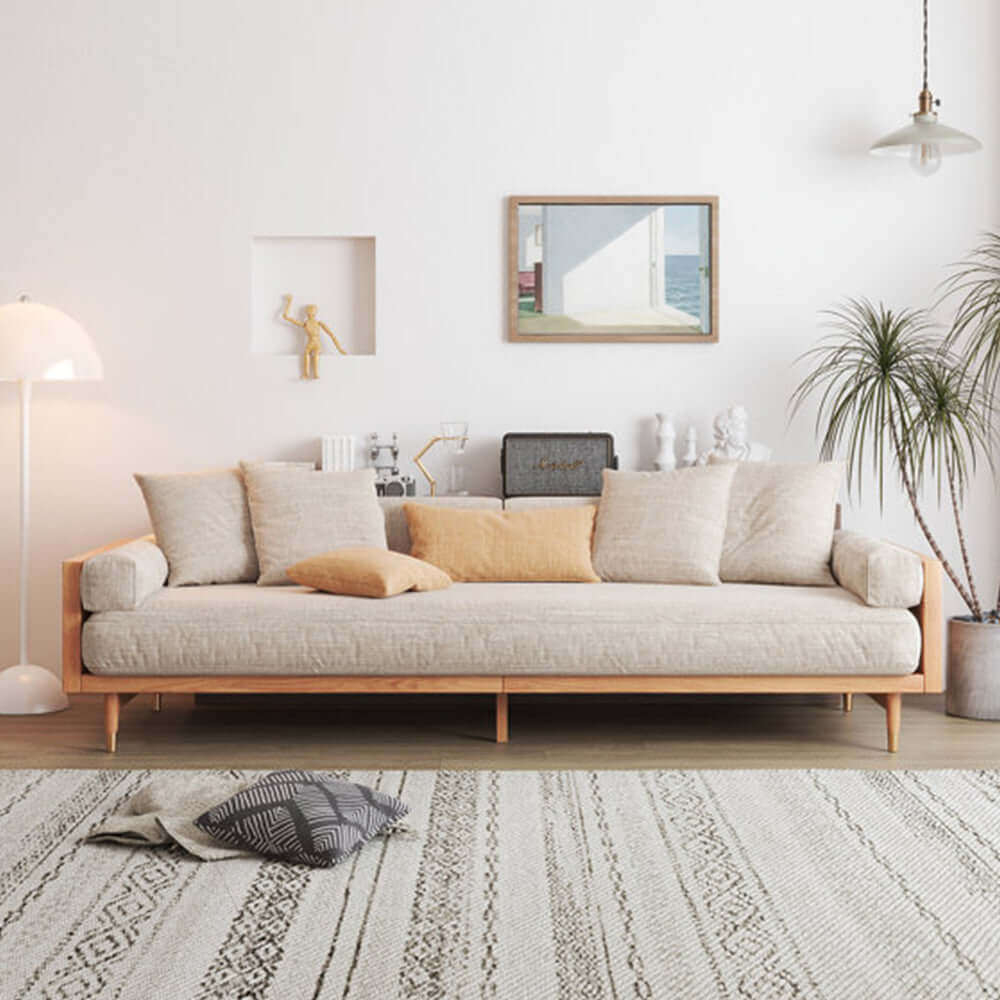 Modern Beige 3-Seater Upholstered Linen Sofa with Solid Wood Frame - Comfortable Living Room Couch for Small Spaces & Family Gatherings