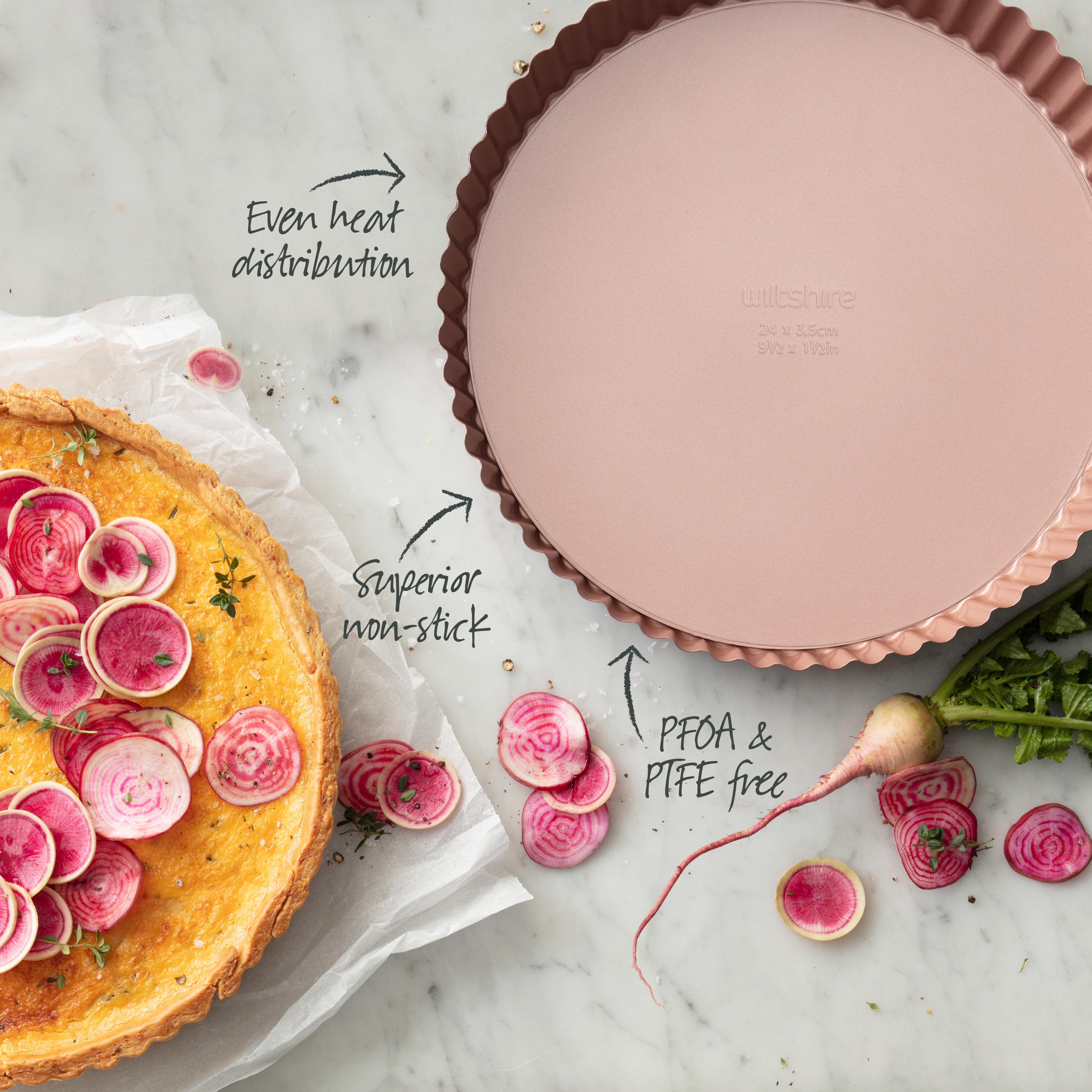 Premium Rose Gold Non-Stick Quiche & Tart Pan - 24cm (9.5 Inch) Baking Dish for Perfect Pies, Tarts & Quiches | Oven Safe & Easy Clean | Ideal for Holidays, Dinner Parties & Home Baking