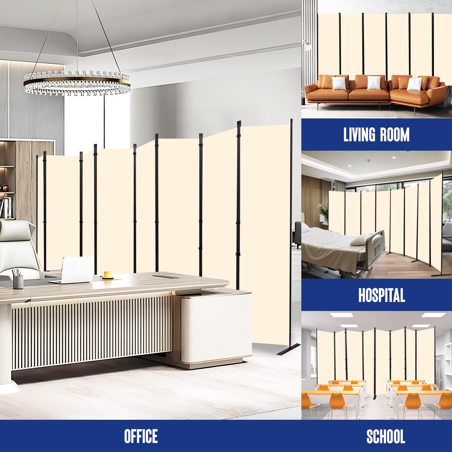 8 Panel Folding Room Divider Privacy Screen - 14.67 Ft Wide Portable Partition for Home, Office, School & Studio | Space Separator for Bedrooms, Living Areas & Workstations (Beige)