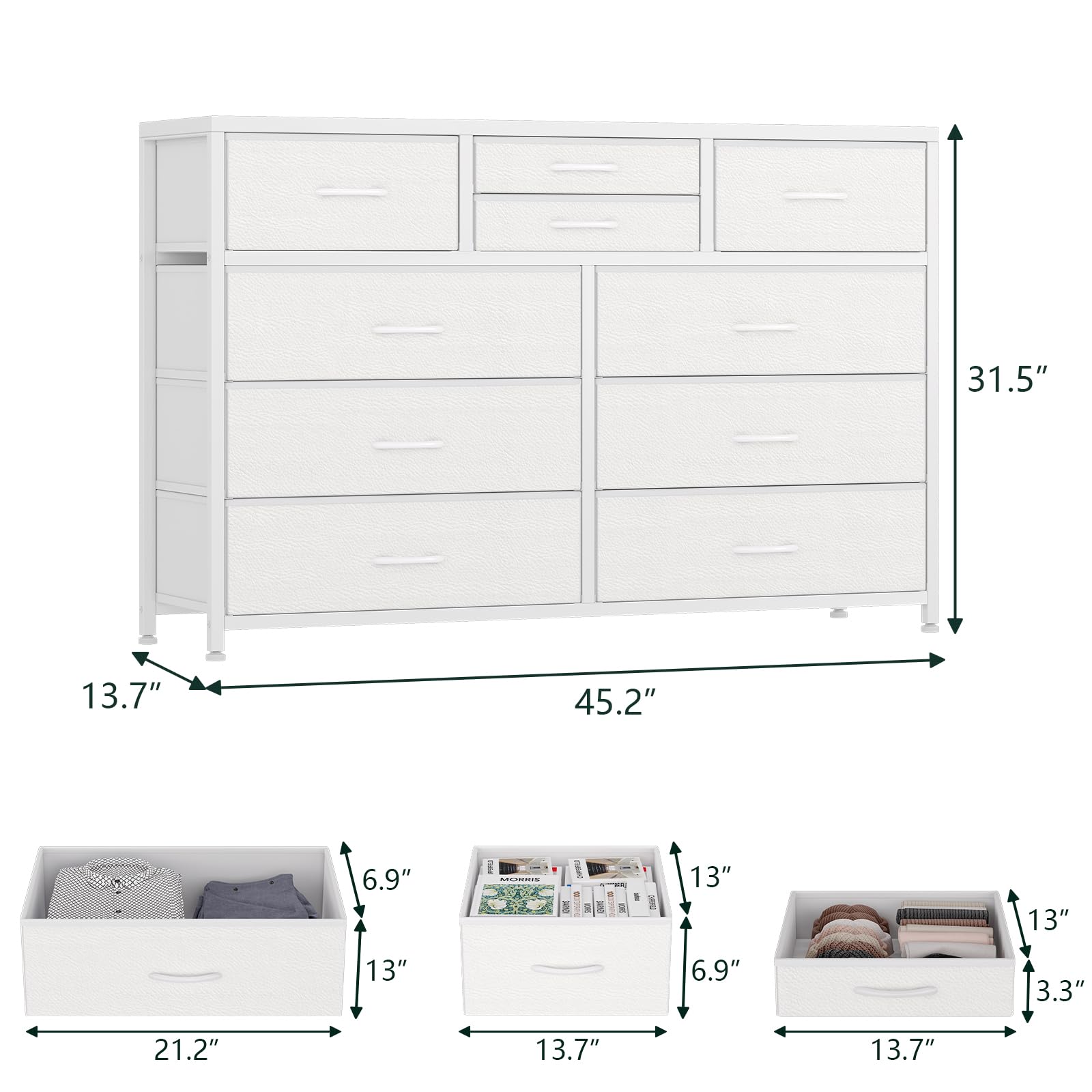 Jojoka 10-Drawer Wide Dresser with Wood Top & Steel Frame - Fabric Storage Cabinet for Bedroom, Hallway, Nursery, Closet - Perfect TV Stand & Entertainment Center Organizer (White)