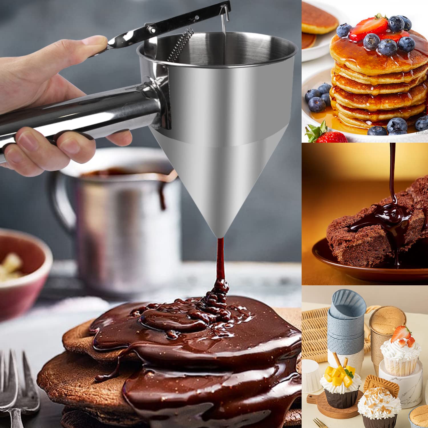 KAYCROWN 1200ml Stainless Steel Pancake Batter Dispenser with Stand & Basting Brush - Perfect for Cupcakes, Waffles, Takoyaki, Crepes, and Baking - Ideal for Breakfast, Desserts, and Party Food Preparation