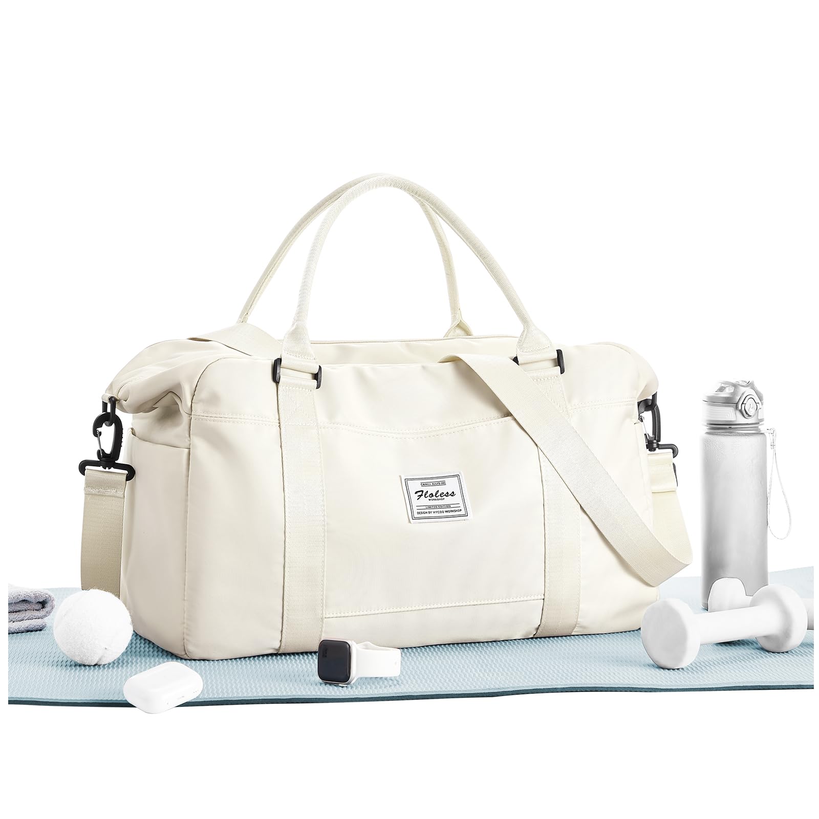 Stylish Travel Duffle Bag for Women & Men - Water-Resistant Weekender Overnight Bag with Laptop Compartment & Wet Pocket - Perfect Carry-On Luggage for Gym, Hospital, Labor & Delivery - Beige | Ideal for Weekend Getaways, Business Trips & Sports Activities