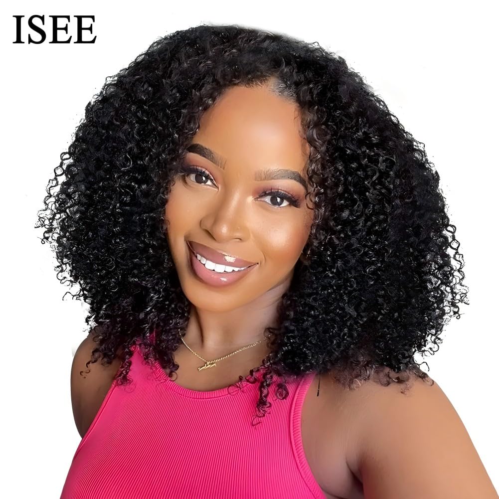 ISEE V Part Human Hair Afro Curly Glueless Clip-In Half Wig for Black Women - 180% Density Kinky Curly Thin Part U Part Wig 16 Inch Natural Color | Perfect for Daily Wear, Special Occasions & Protective Styling