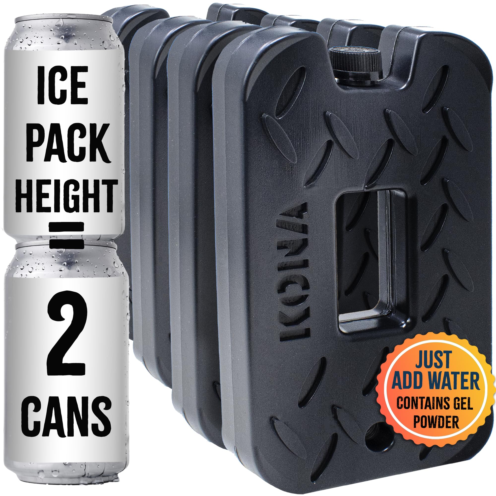 Kona Black/Ice 2 Pound Reusable Ice Packs for Coolers - Long Lasting & Refreezable Gel Ice Pack (4 Pack) - Perfect for Camping, Picnics, Lunch Boxes & Outdoor Adventures