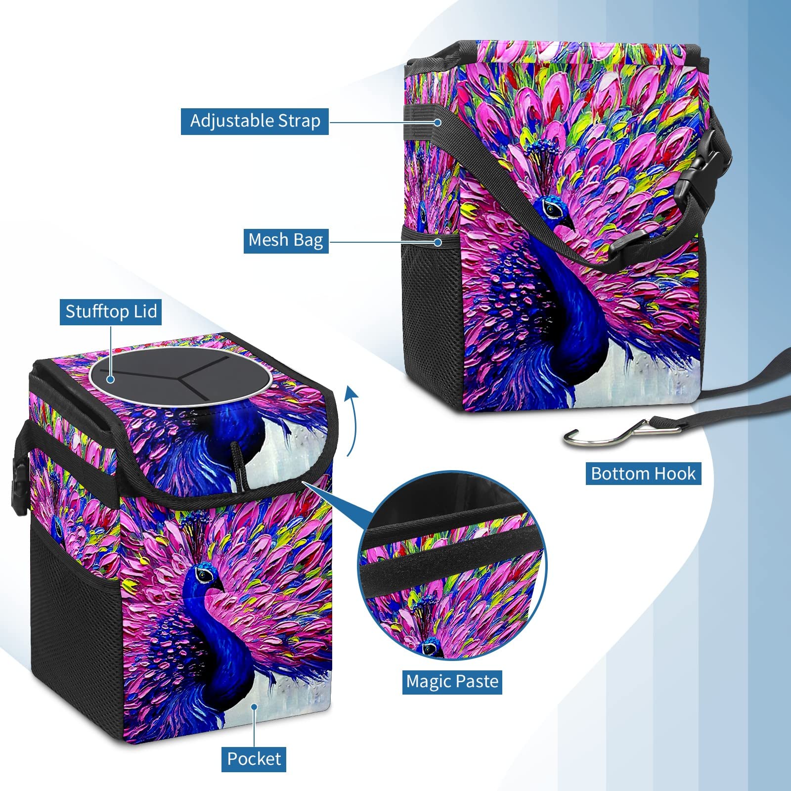 Collapsible Reusable Waterproof Car Trash Can with Lid - Peacock Design Auto Garbage Bin for Car, Truck & SUV Interior Organization | Perfect for Road Trips, Commuting & Family Travel
