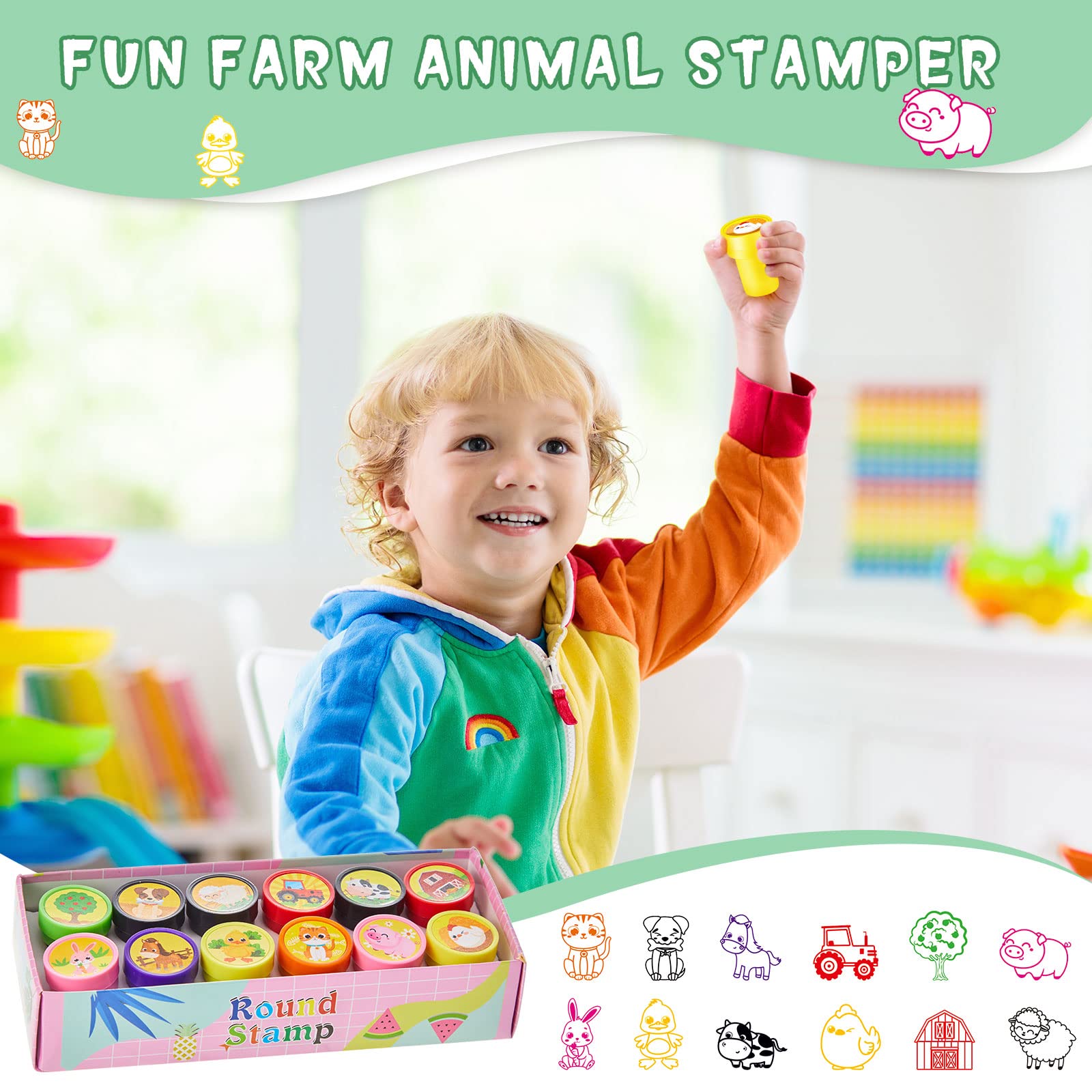 60 Pcs Farm Animal Stampers for Kids - Self Inking Stamps for Party Favors & Classroom Activities