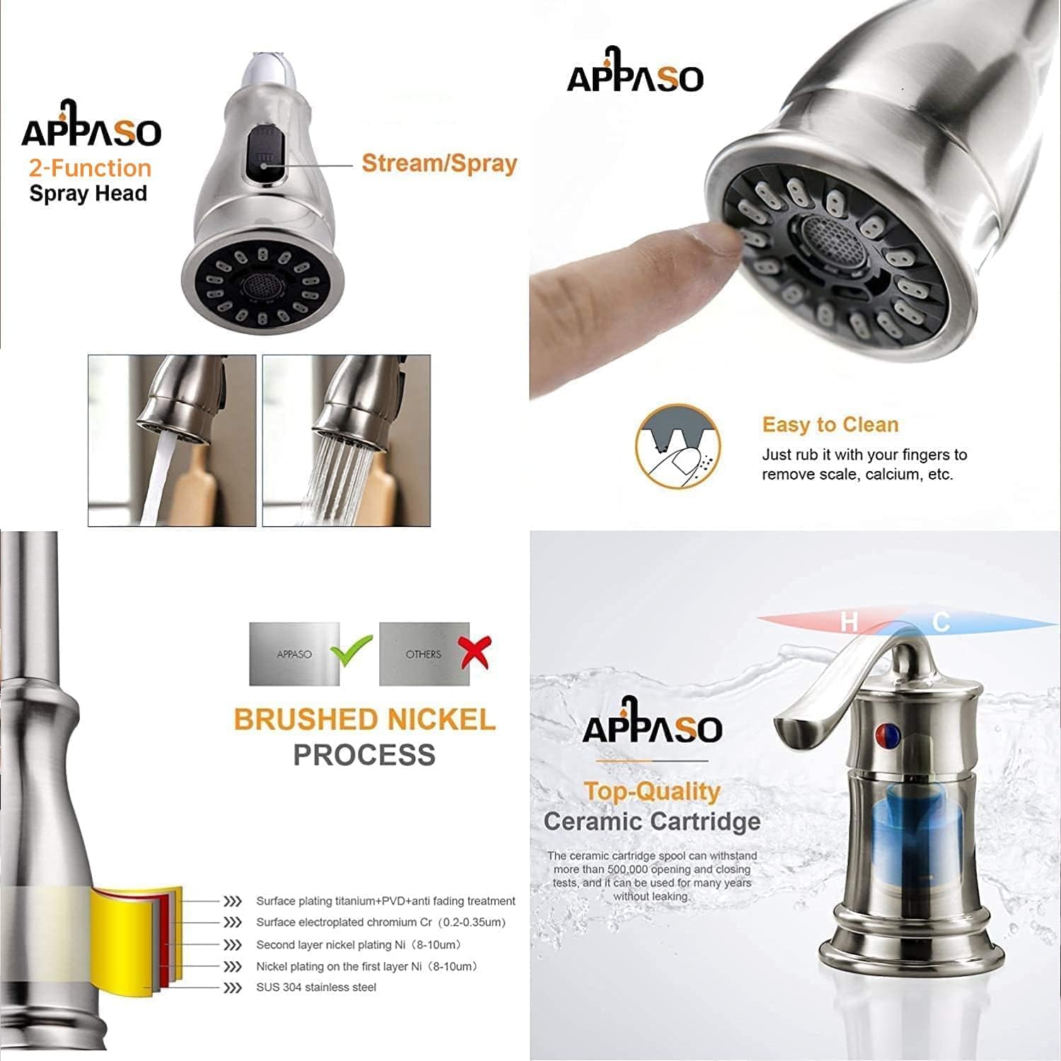 APPASO Brushed Nickel 3-Hole Pull Down Kitchen Faucet with Sprayer & Soap Dispenser - High Arc Stainless Steel Sink Faucet for Modern Kitchens (Perfect for Washing Dishes, Filling Pots & Cleaning Vegetables)