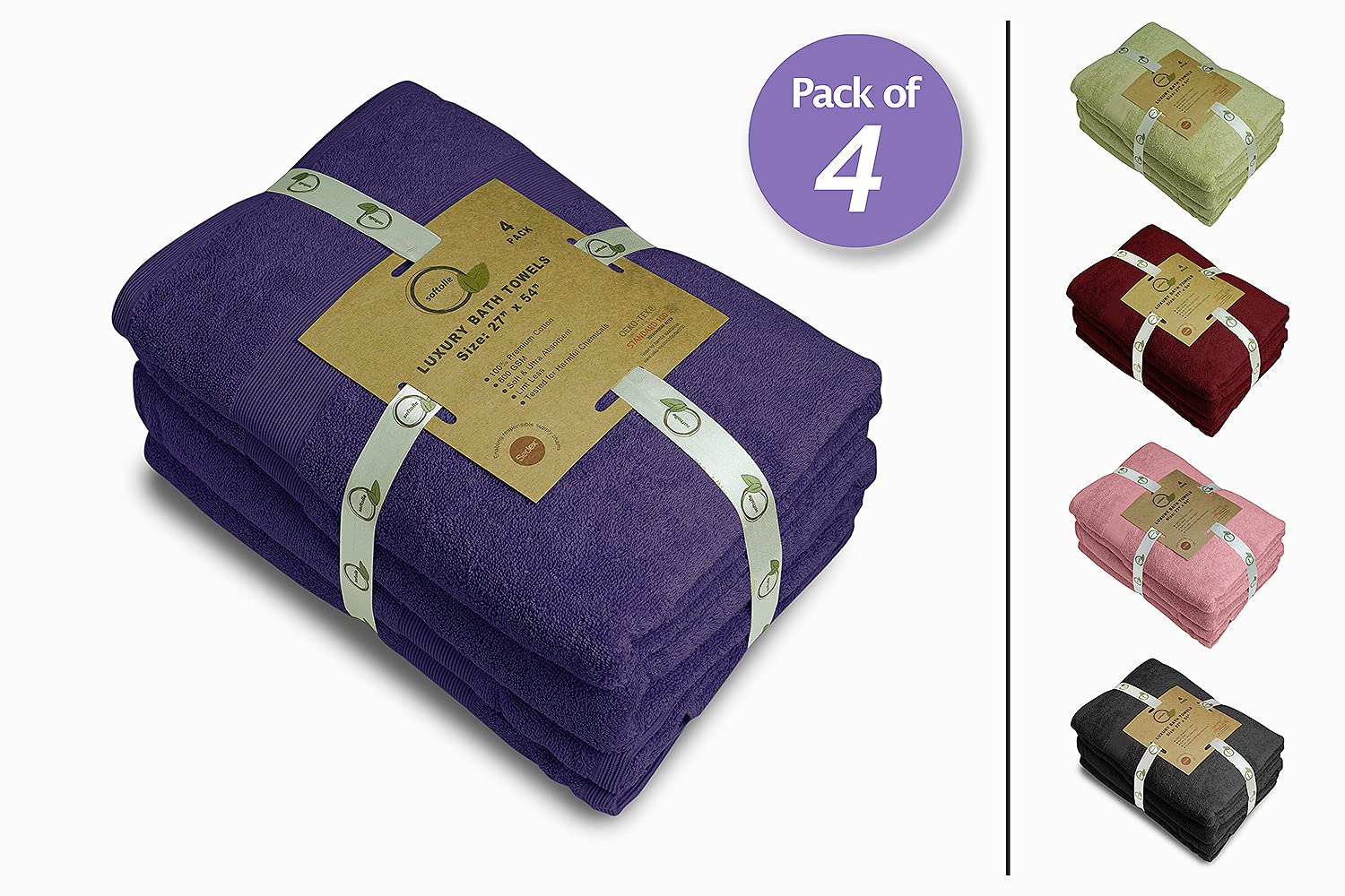 Softolle 100% Cotton Luxury Bath Towels Set of 4 - Super Soft & Highly Absorbent 27x54 Inch Bathroom Towels - Eco-Friendly, Quick-Drying for Spa, Gym, Pool & Beach Use (Purple)
