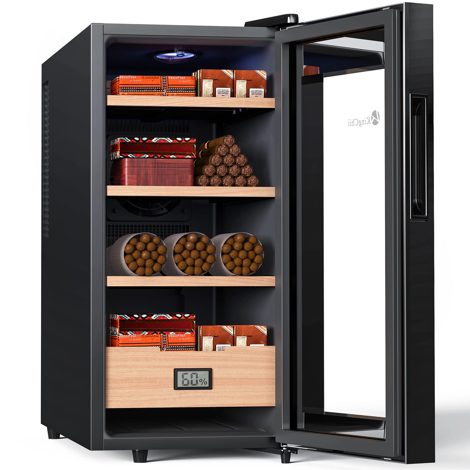 KingChii 26L Electric Cigar Humidor Cabinet with Temperature Control - Spanish Cedar Wood Shelves & Drawer - 200 Cigar Capacity - Hygrometer Included - Perfect Gift for Men - Ideal for Home, Office, or Cigar Lounge Storage
