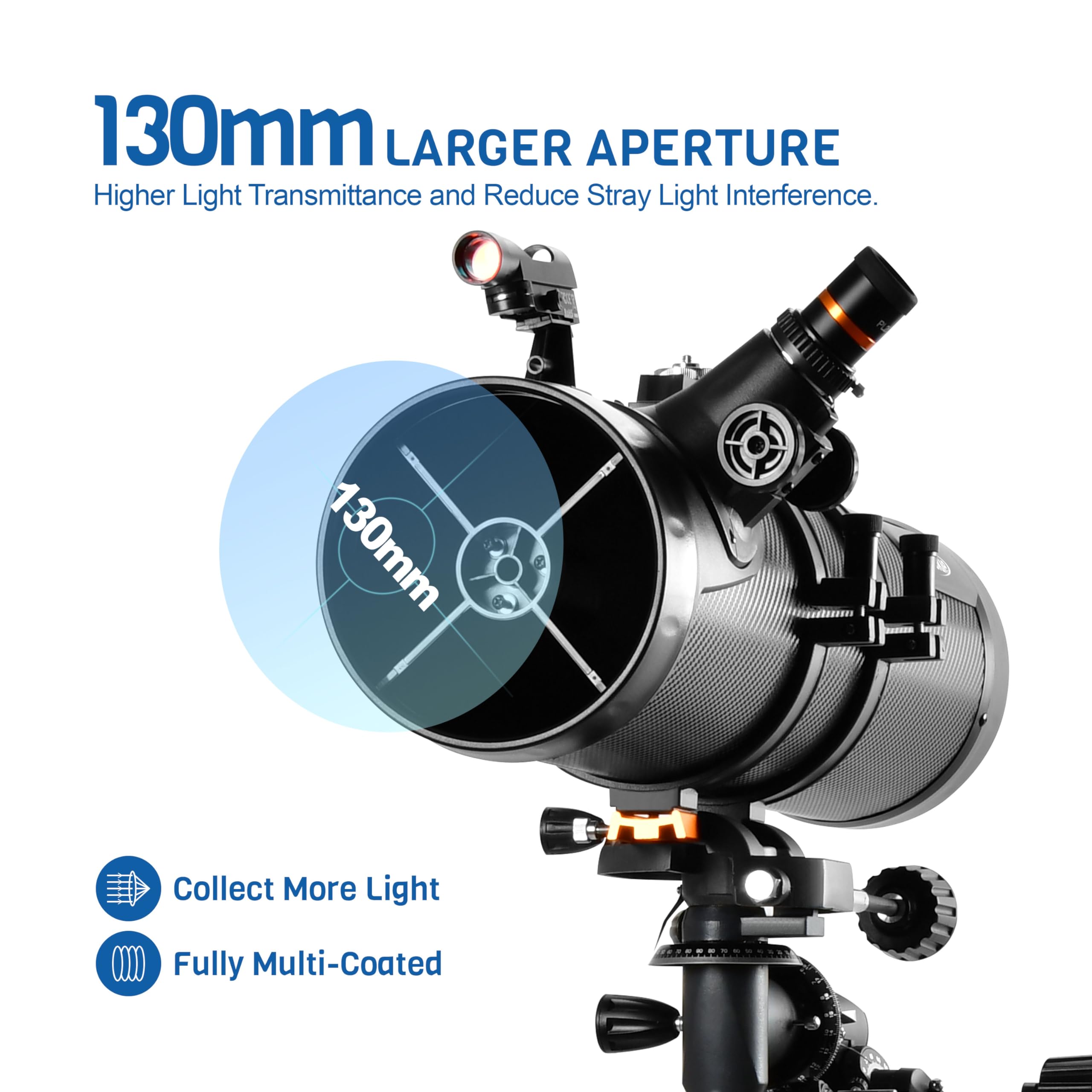 Professional 130EQ Newtonian Reflector Telescope for Adults & Astronomy Beginners - Includes 2 Plossl Eyepieces, Bluetooth Controller, Phone Adapter & Finderscope - Perfect for Stargazing, Moon Observation & Astrophotography
