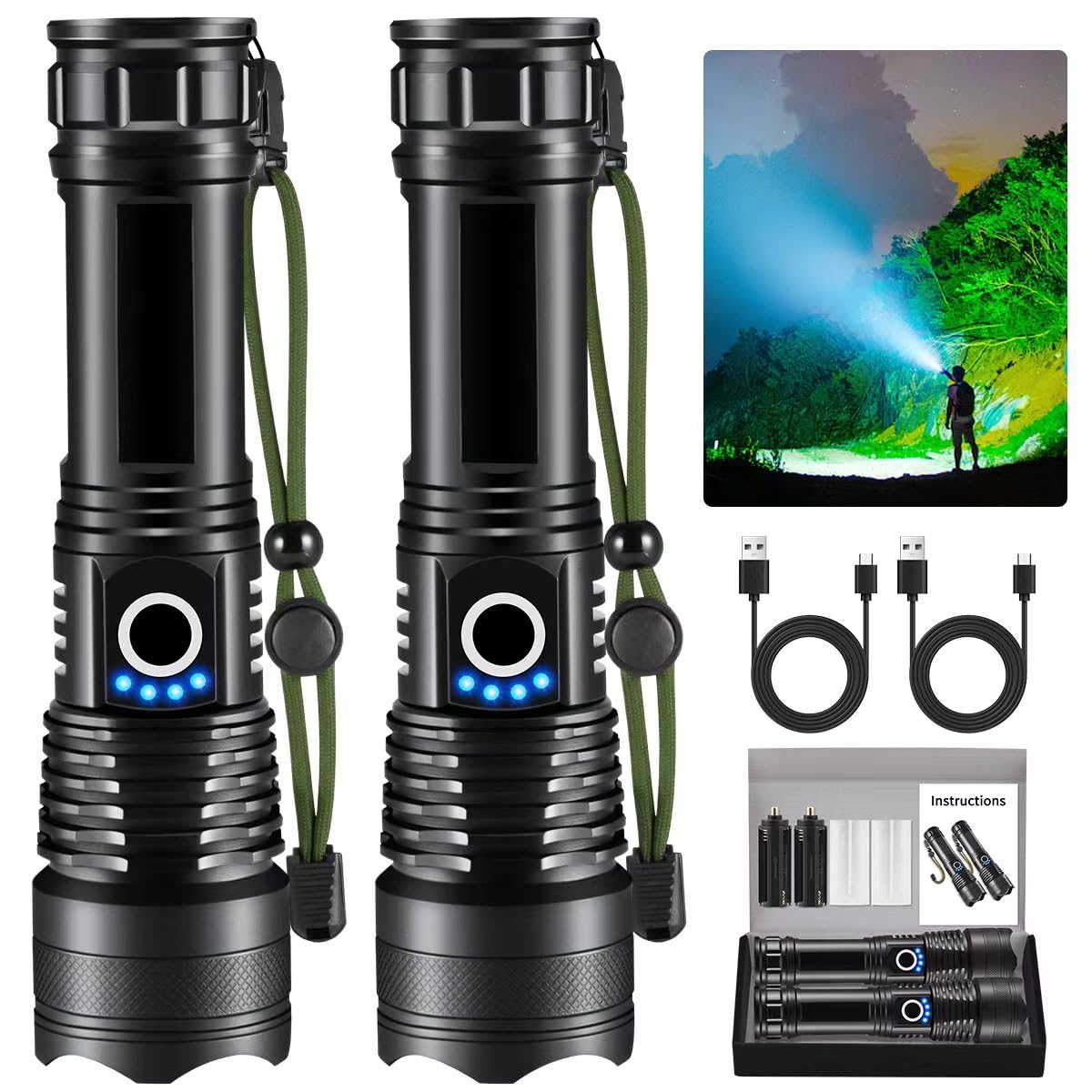 Super Bright Rechargeable Flashlight 990000 Lumens - 2 Pack Tactical LED Flashlights with 5 Modes, Waterproof & High-Powered - Perfect for Camping, Hiking, Emergency, and Outdoor Adventures