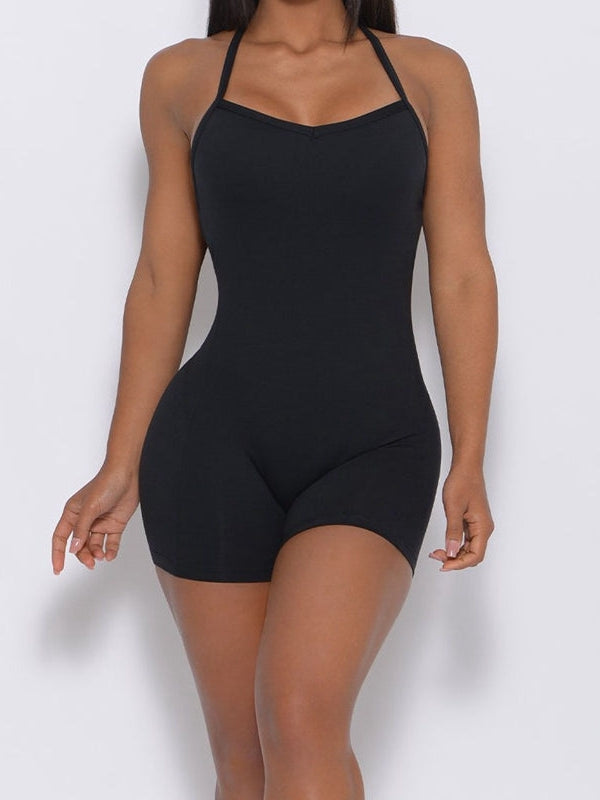 ZASUWA Women's Solid Color Tracksuit with U-Neck Cross Back Romper - Casual Workout Outfit for Gym, Yoga & Lounge Wear