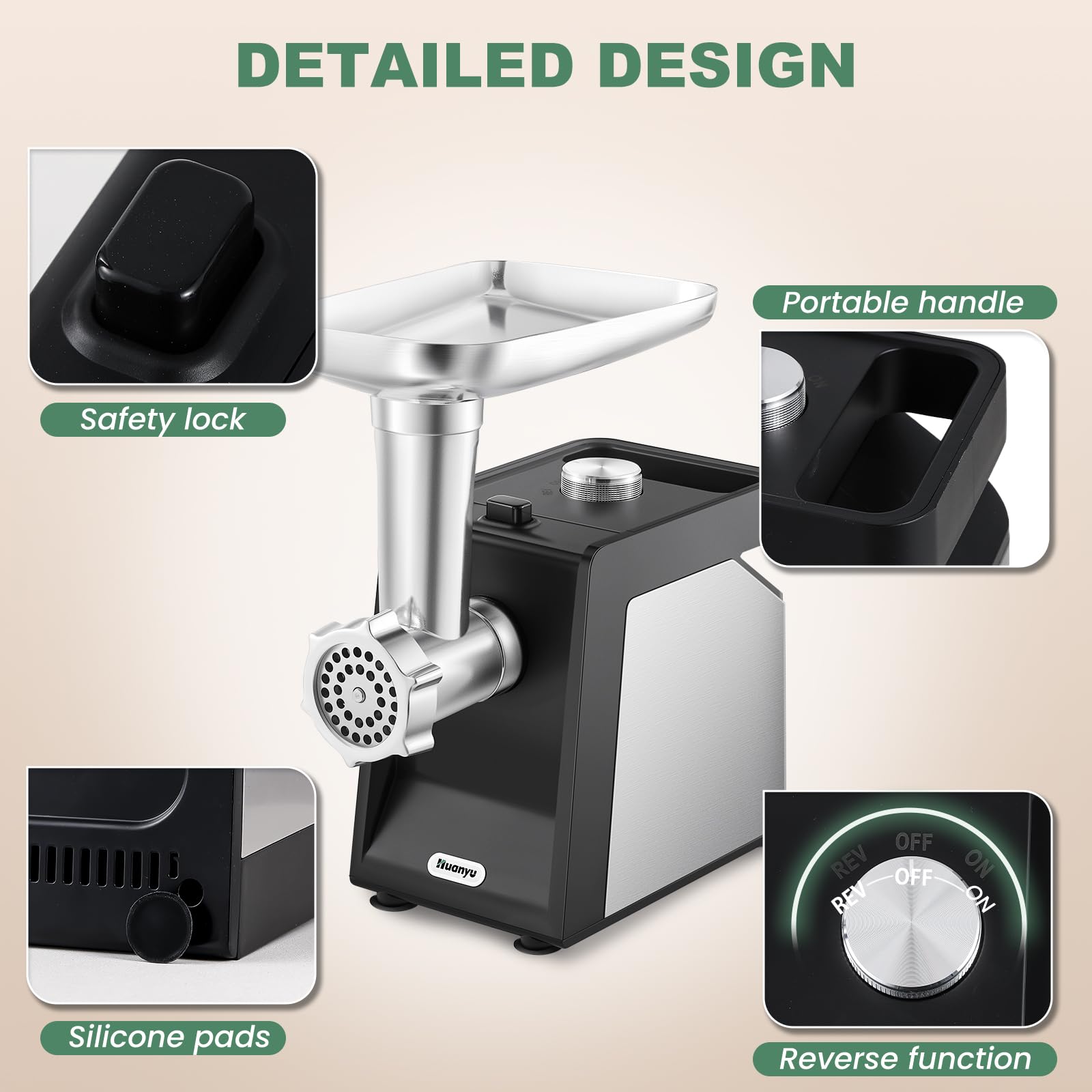 Huanyu 800W Electric Meat Grinder for Home Use - Includes 2 Blades, 4 Plates, Sausage Tube & Kubbe Kit (110V) | Perfect for Grinding Beef, Pork, Making Sausages & Homemade Pet Food
