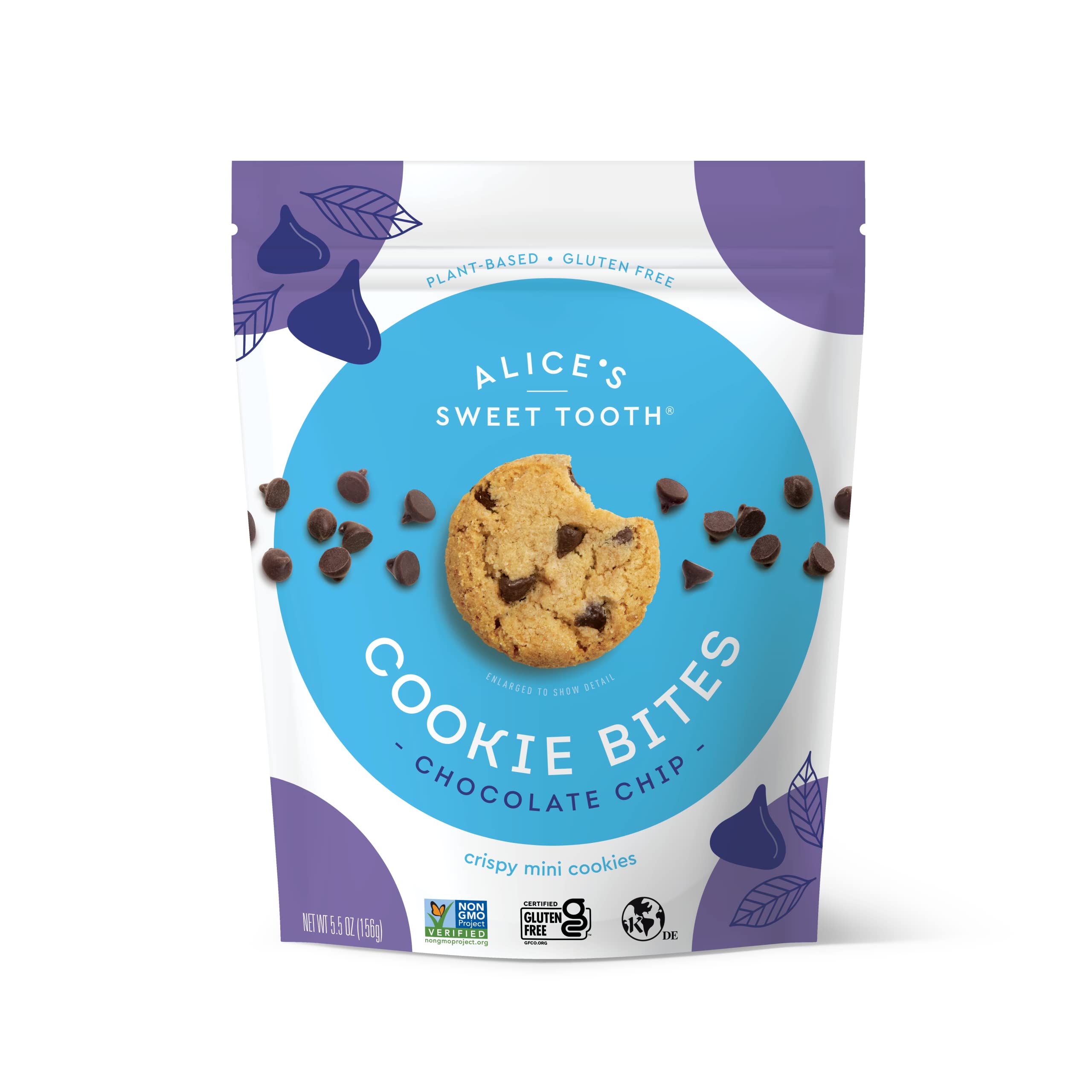 Alice's Sweet Tooth Gluten-Free Vegan Chocolate Chip Cookie Bites - Crunchy Mini Cookies, Plant-Based, Dairy-Free, Grain-Free, Soy-Free, Kosher Snack - 5.5oz Pack - Perfect for School Lunches, Office Snacks & Healthy Desserts