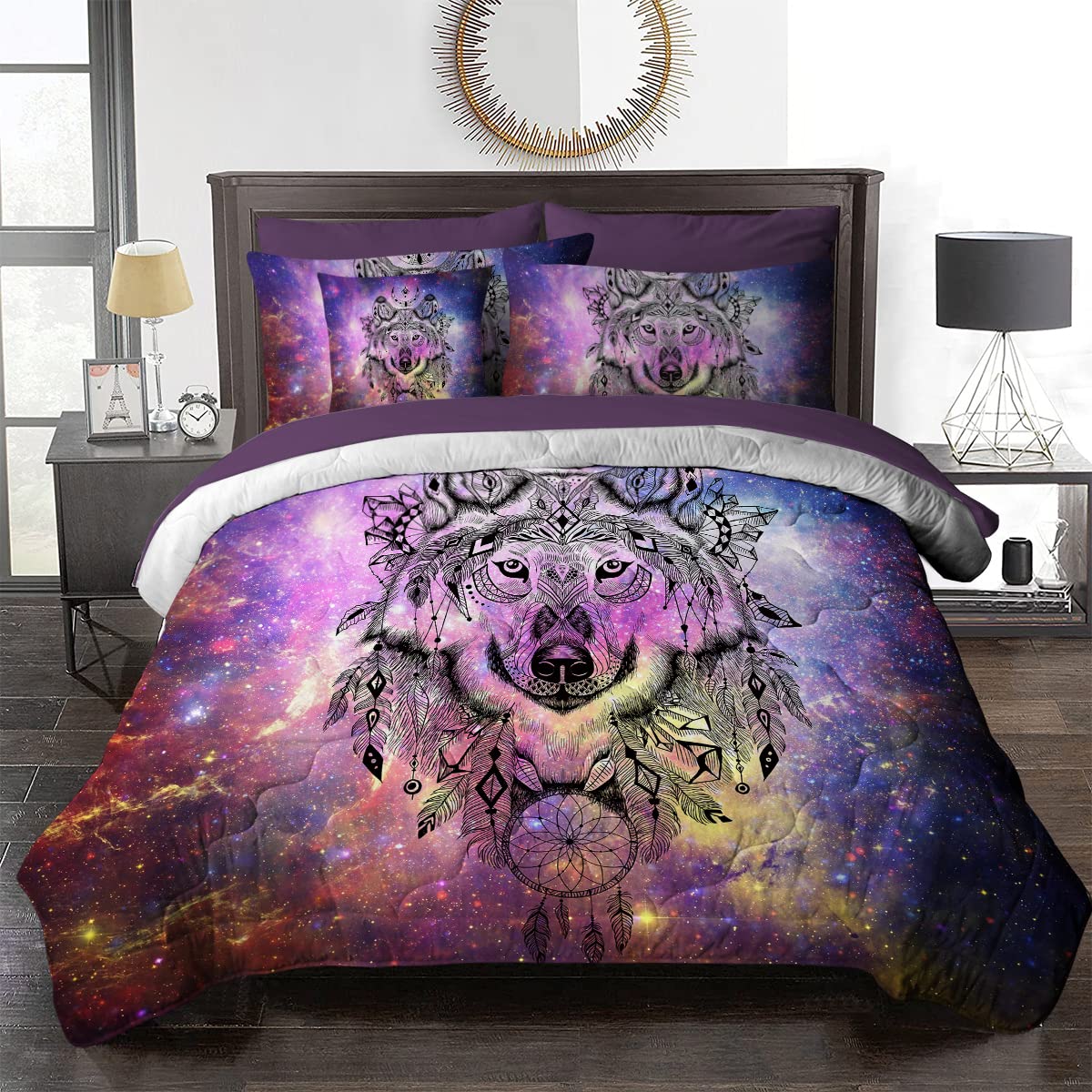 **BlessLiving Galaxy Wolf Comforter Set King - Pink Blue Purple, 8-Piece Wolf Dream Catcher Bed in a Bag with Comforter & Sheets, All-Season Down Alternative Bedding for Cozy Nights & Stylish Bedrooms**