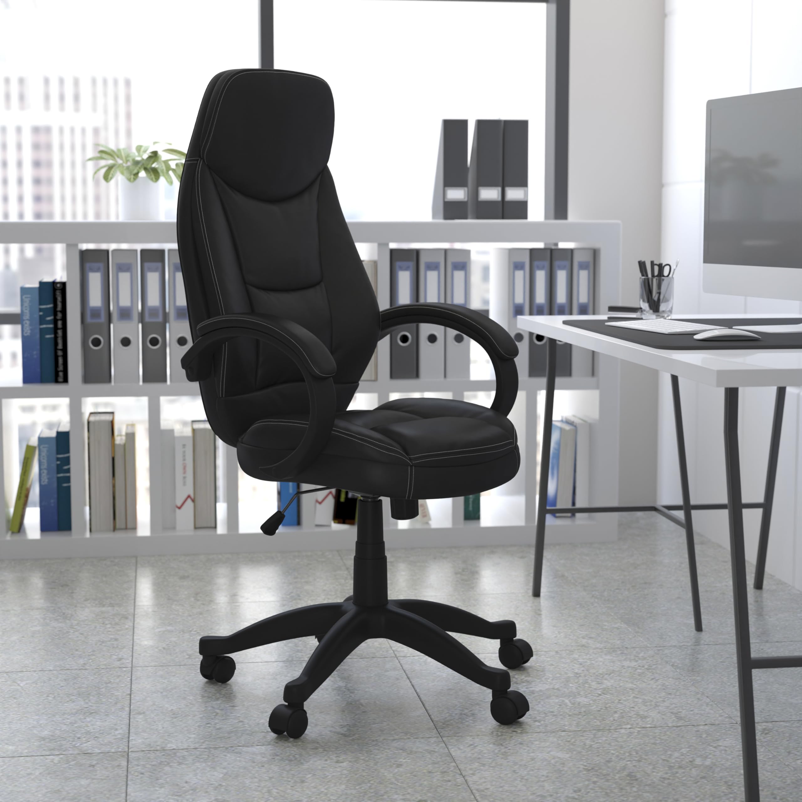 Premium High Back Black LeatherSoft Ergonomic Office Chair with Curved Back & Loop Arms - Ideal for Home Office, Gaming & Workspaces
