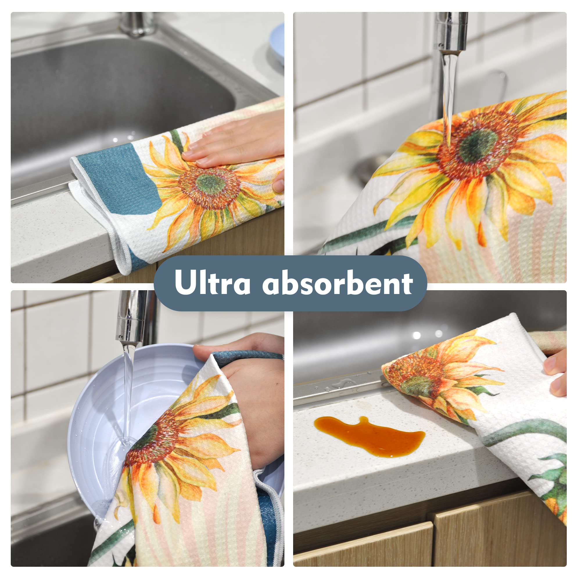 Rainleaf 4 Pack Absorbent Waffle Weave Kitchen Towels Set - Funny Saying Dishcloths, Decorative Hand Towels & Tea Towels for Cooking, Baking, Dish Drying - Sunflower Pattern Home Decor