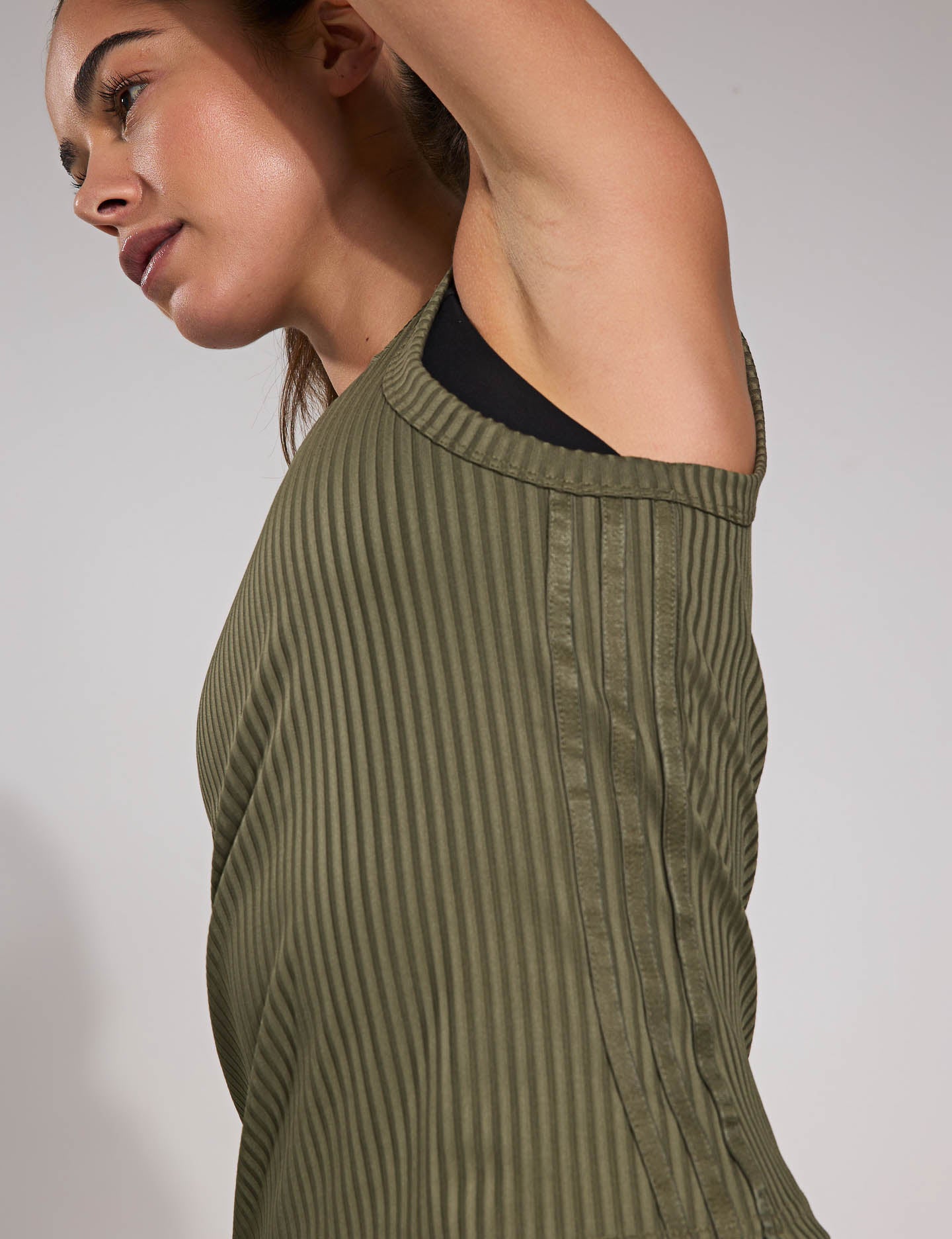 Gym Seasonal Rib Tight Fit Tonal 3 Stripes Tank Top for Women - Olive Strata | Workout, Yoga & Running Activewear