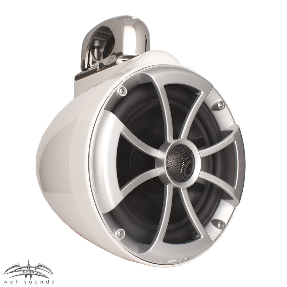 Wet Sounds ICON8W-FC 8 Inch White Marine Tower Speakers with Stainless Steel Fixed Clamps & SYN-DX2 750 Watt Amplifier - Perfect for Boats, Yachts, and Outdoor Water Sports