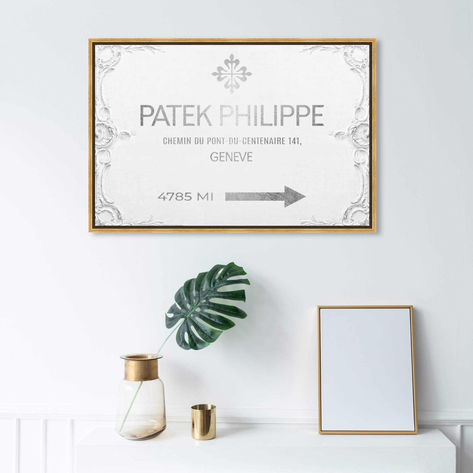 Oliver Gal Artist Co. Fashion & Glam Wall Art Framed Canvas Print - 'Geneva Watches Road Signs' Home Decor Painting, 36x24 Inches, Gray & White | Perfect for Living Room, Bedroom or Office Wall Decor