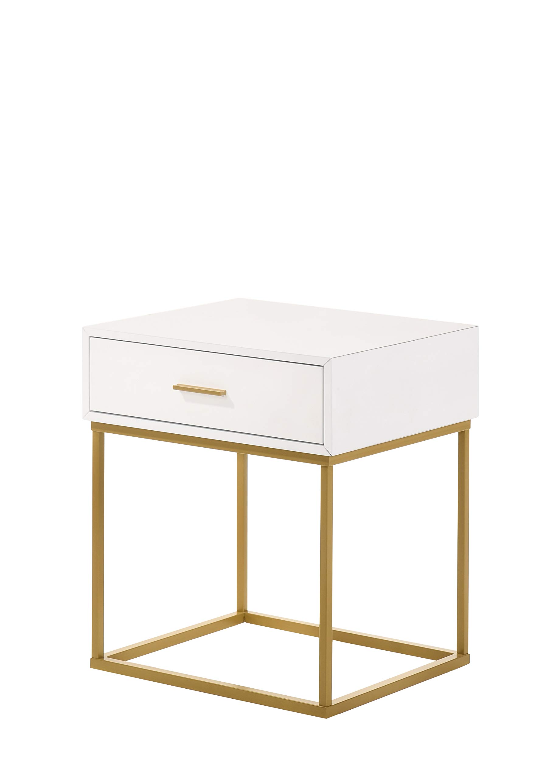 Modern White Nightstand with Gold Legs - Single Drawer Bedside Table for Bedroom, Living Room, or Office - Compact Storage Solution for Books, Lamps, and Essentials