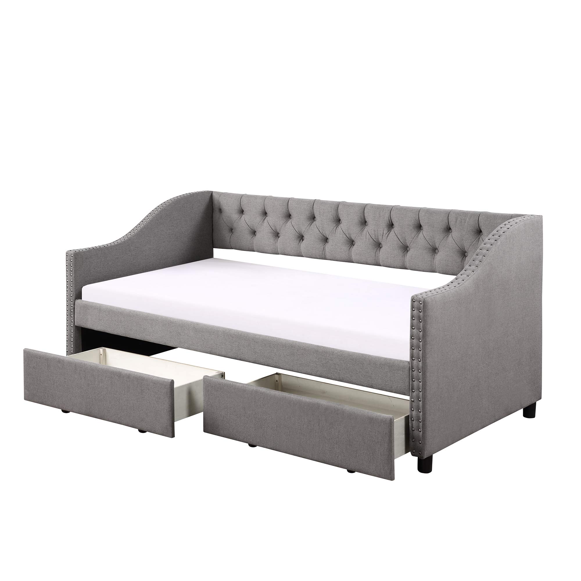 Twin Upholstered Daybed with 2 Storage Drawers, Tufted Sofa Bed with Nailhead Trim & Wood Slat Support - Perfect for Guest Rooms, Small Apartments & Multi-Functional Spaces