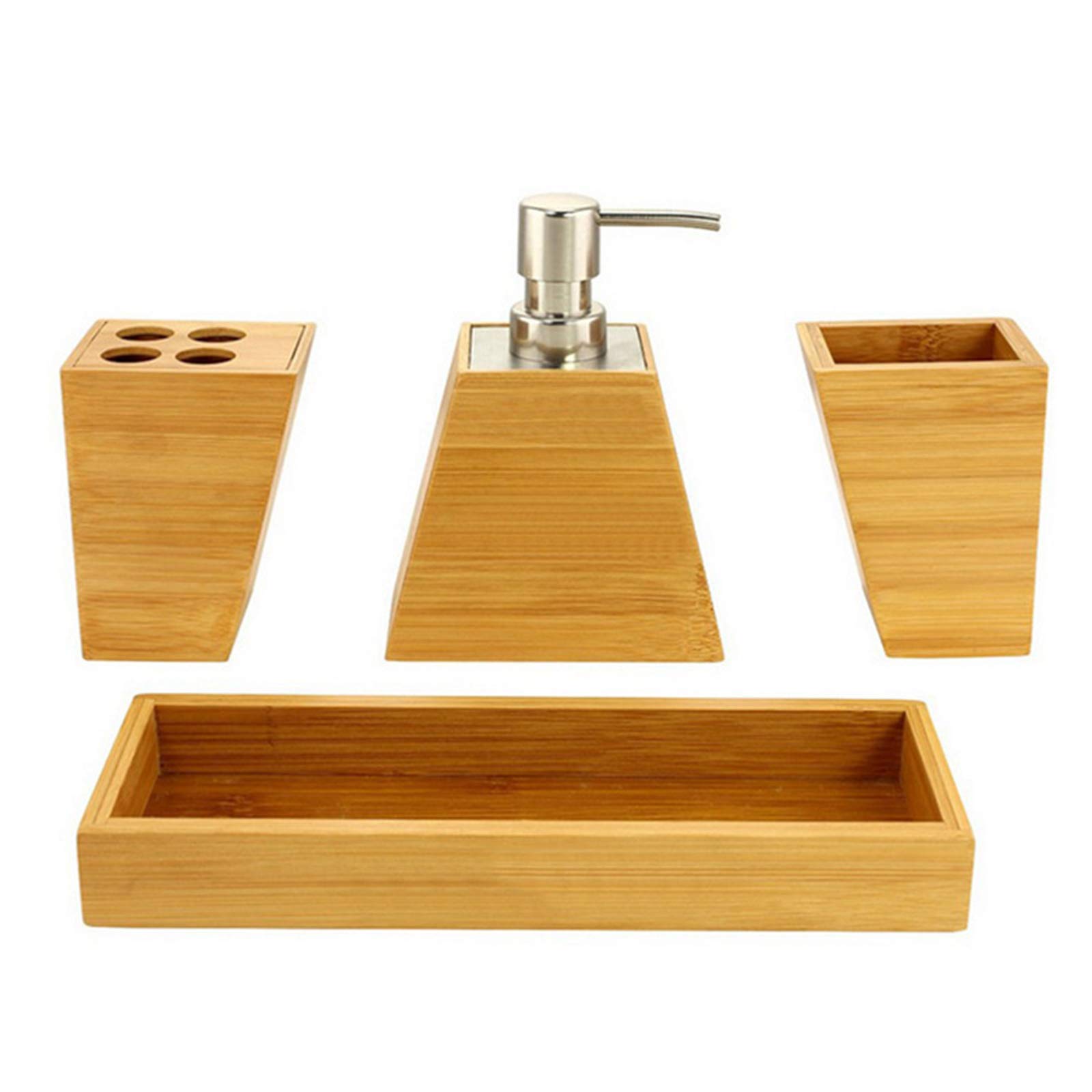 4-Piece Bamboo Bathroom Accessory Set with Lotion Bottle, Toothbrush Holder, Tooth Mug & Tray - Eco-Friendly Storage Organizer for Modern Bathrooms, Spa & Home Decor