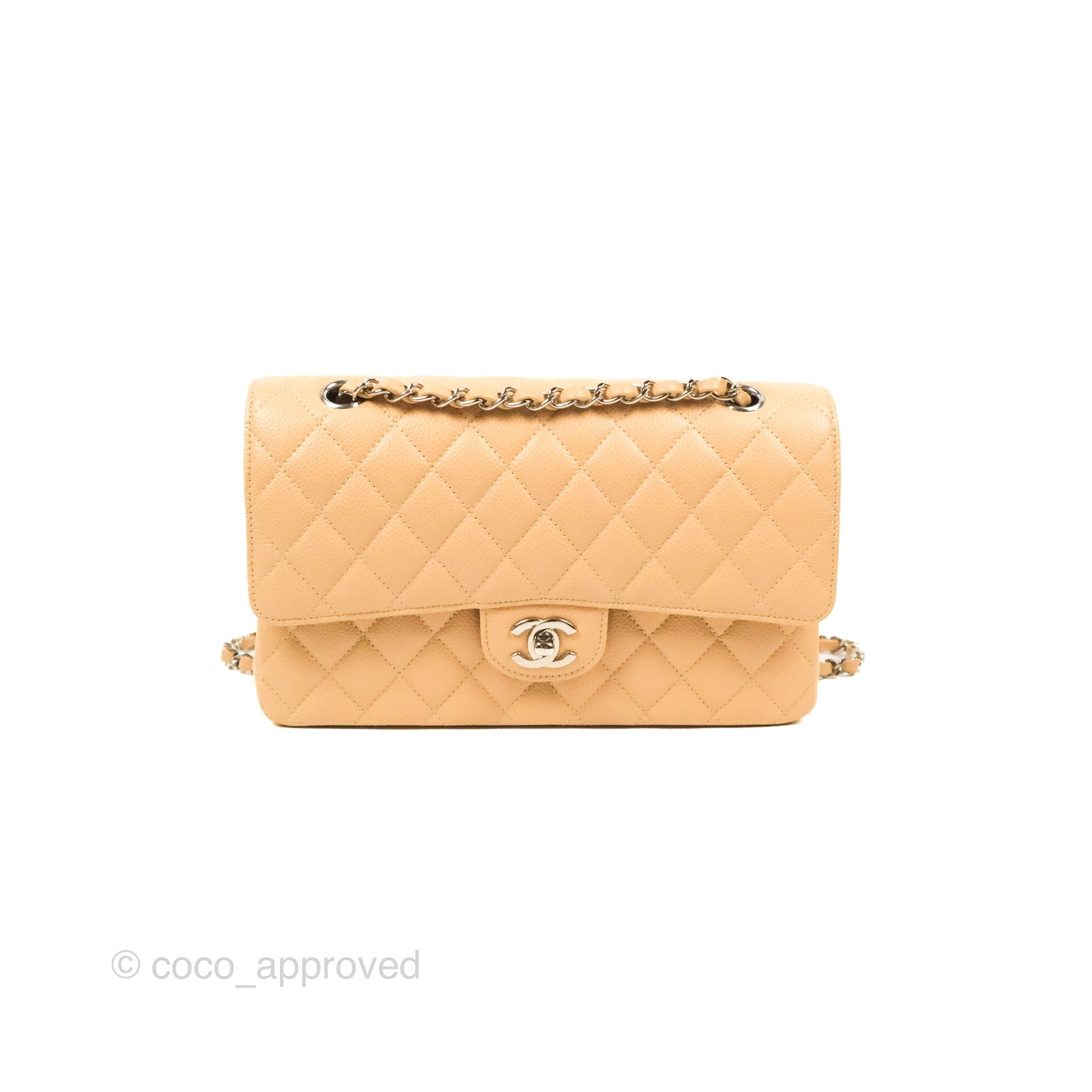 Chanel Classic Medium Double Flap Bag Quilted Beige Caviar Leather with Silver Hardware - Luxury Designer Handbag for Women, Perfect for Work, Evening & Special Occasions