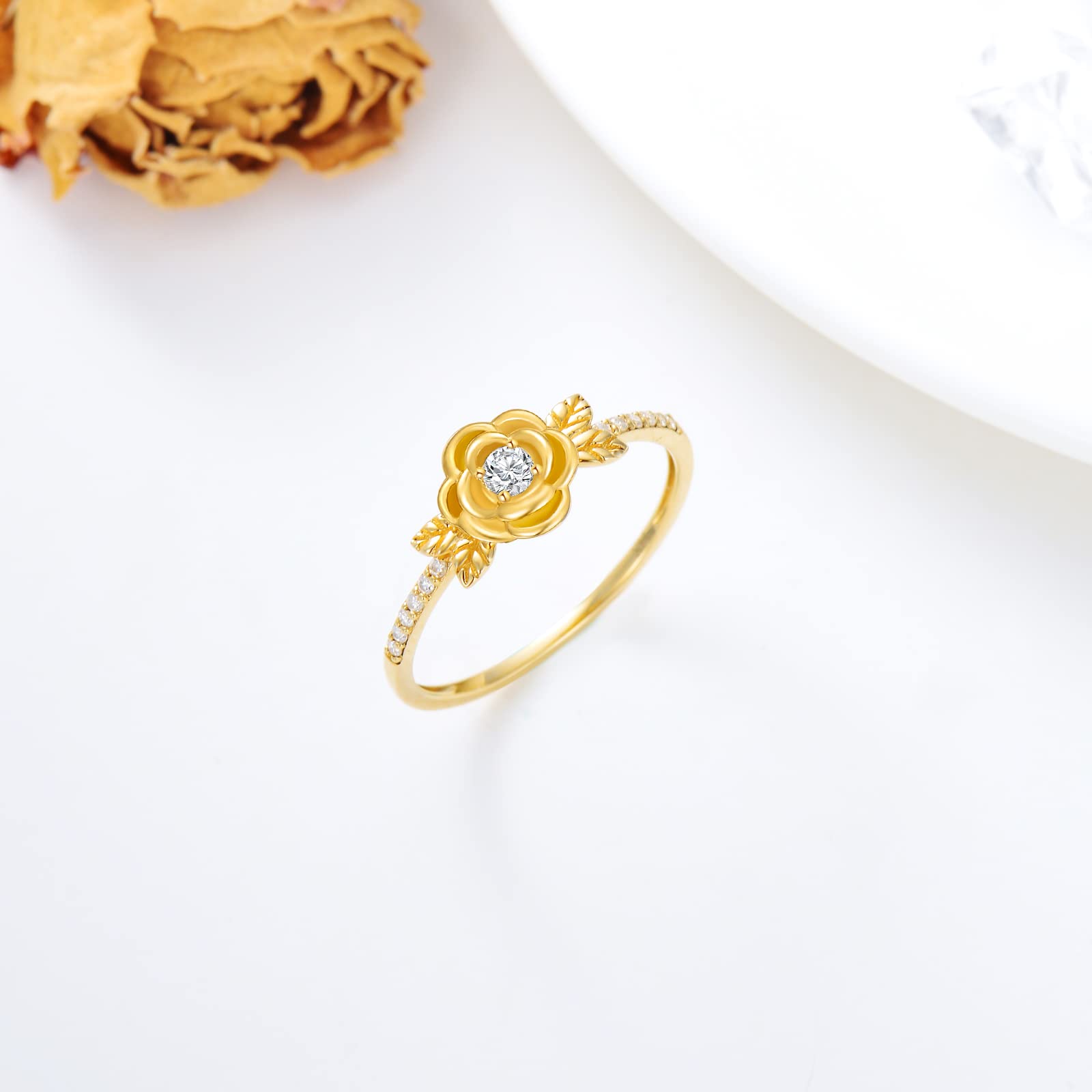 14K Real Gold Rose Flower Ring for Women - Yellow Gold Natural Diamond Engagement Ring, Wedding Band, Anniversary & Birthday Gift for Her - Perfect for Proposals, Weddings, Romantic Occasions