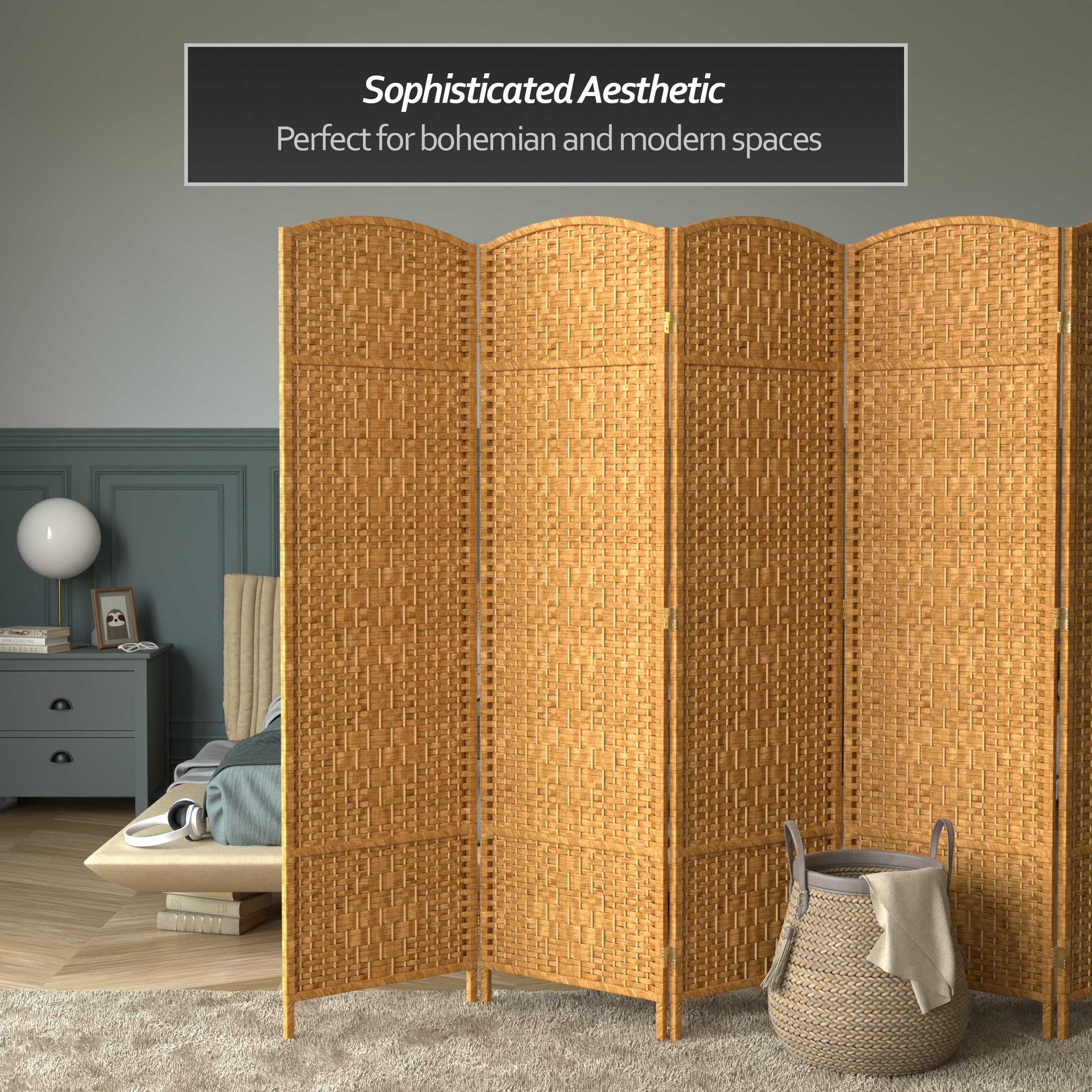 6 ft. Tall Diamond Weave Fiber Room Divider - Light Beige Red Lantern - 6 Panel Folding Privacy Screen for Home, Office, or Outdoor Use