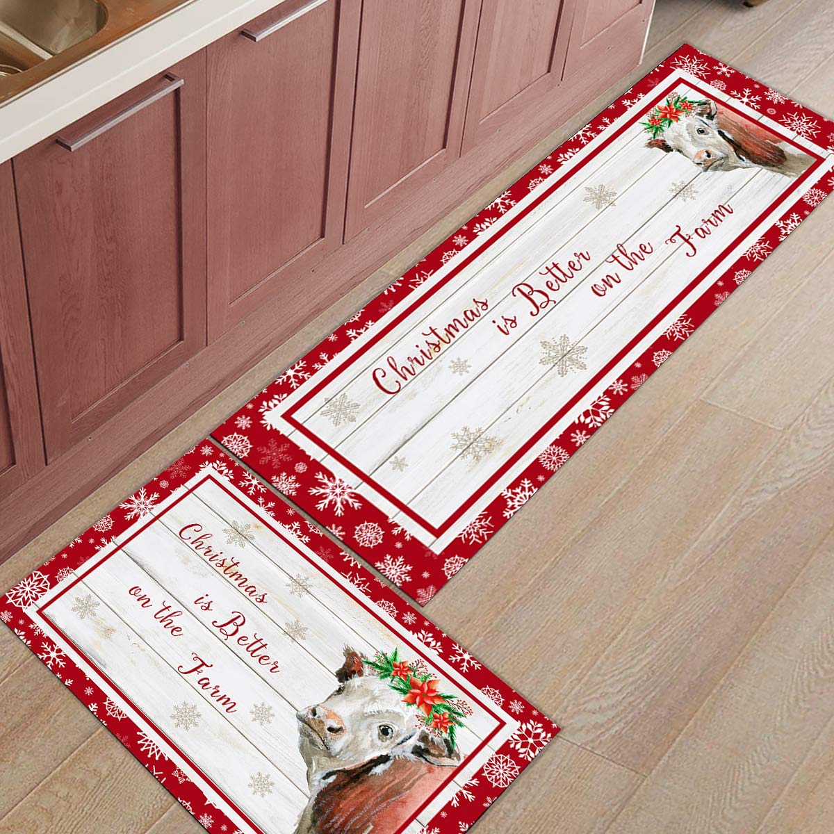 Non-Slip 2-Piece Kitchen Rug Set - Farmhouse Cow Snowflakes & Rustic Wood Grain Washable Floor Mats, Perfect for Christmas Decor & Cozy Farmhouse Kitchens