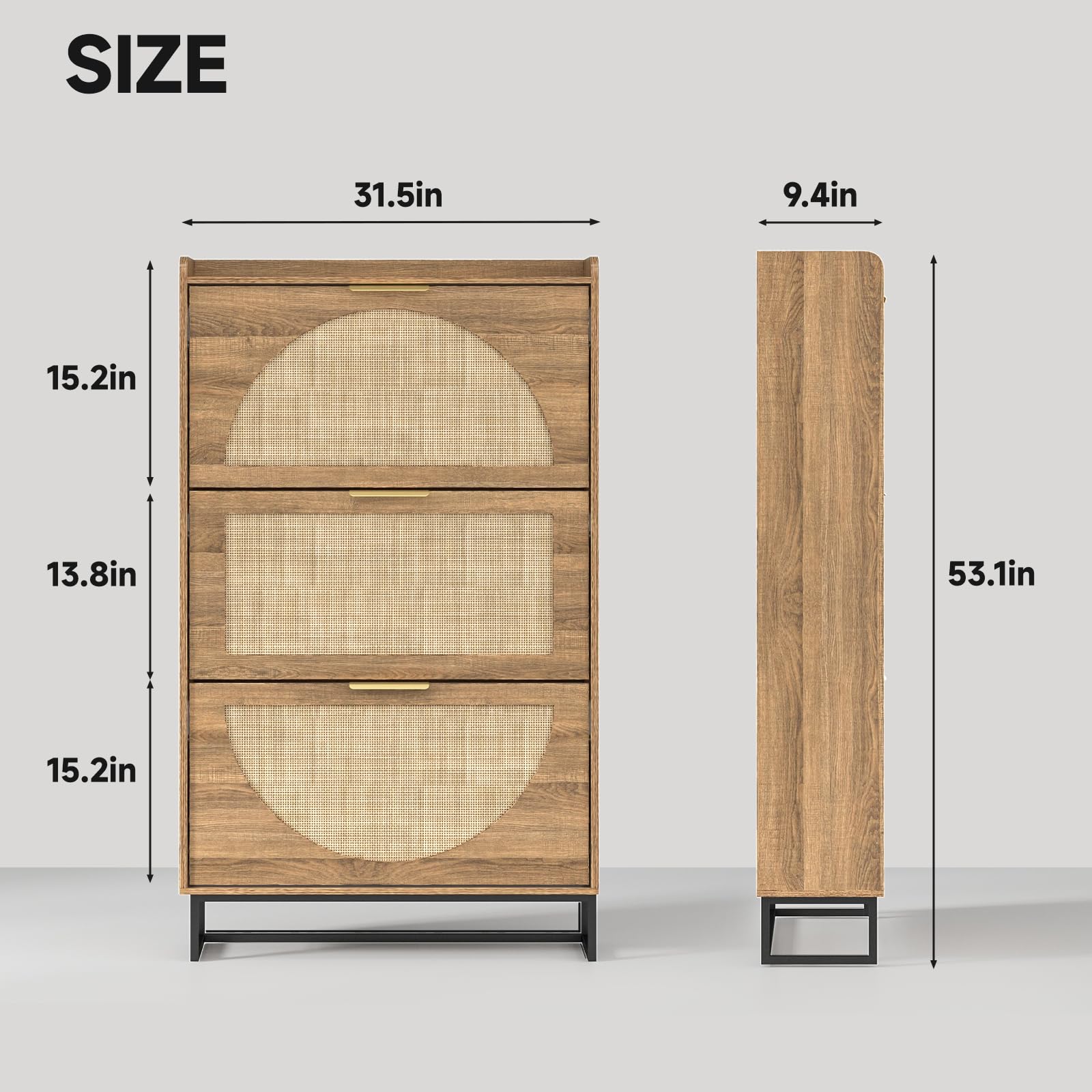 Maupvit 3-Tier Rattan Shoe Storage Cabinet with Flip Drawers - Freestanding Entryway Shoe Organizer with Metal Legs & Hidden Golden Handles - Rustic Oak Narrow Shoe Rack for Hallway, Bedroom, or Closet Organization