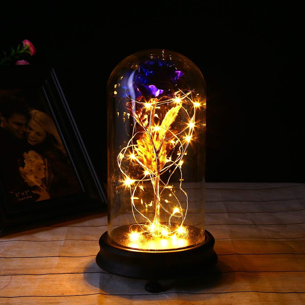 24K Gold Foil Rose in Glass Dome with LED Lights - Romantic Gift for Girlfriend, Wife, Mom on Valentine's Day, Anniversary & Mother's Day | Beauty and The Beast Inspired Artificial Flower | Perfect for Home Decor, Wedding Centerpiece & Special Occasion Gifts